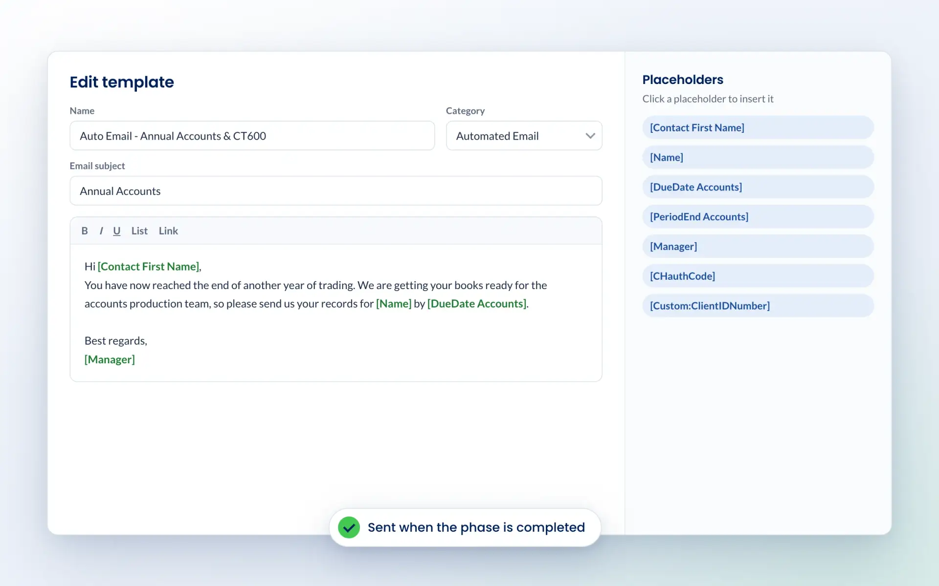 Automated email template in Engager with a list of placeholders to insert