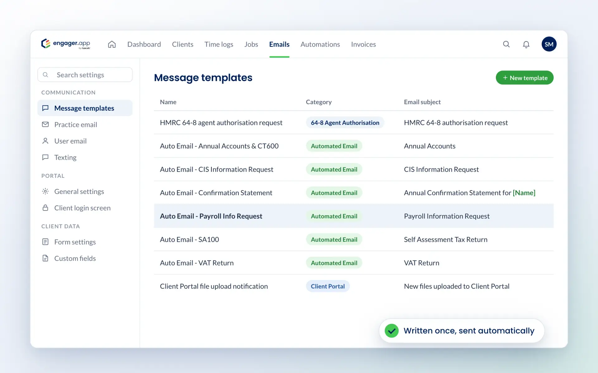 Engager message templates list with automated emails for accounts, CIS, payroll and VAT