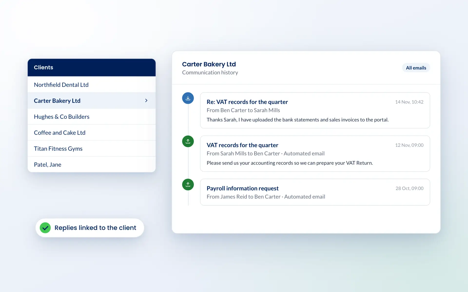 Client communication history in Engager with replies linked to Carter Bakery Ltd