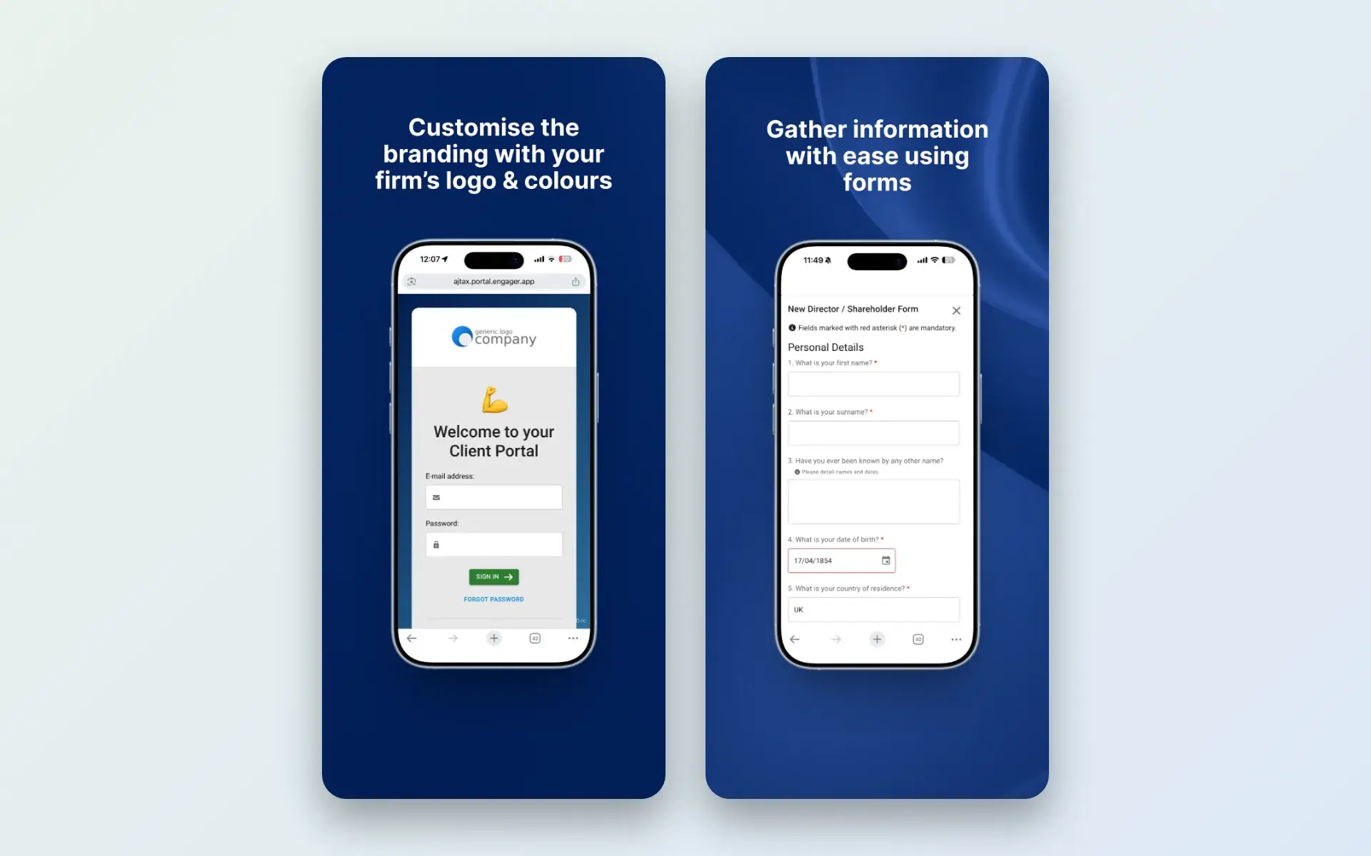 Engager client portal app with the practice logo on the sign-in screen and a client form