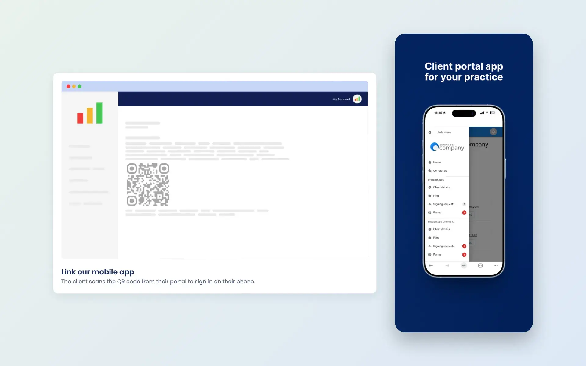 Linking the Engager mobile app by scanning a QR code from the client portal
