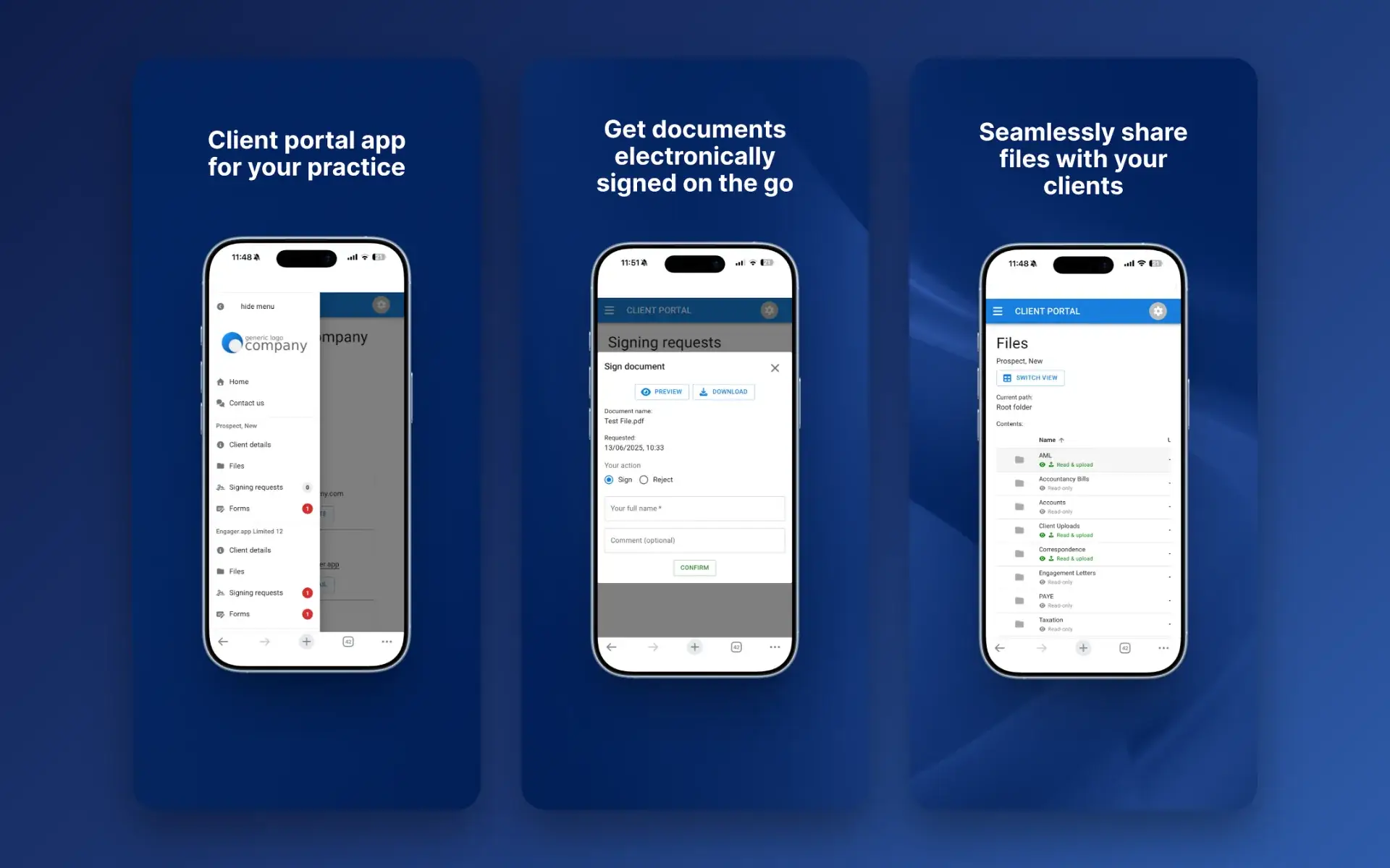 Engager client portal app on phones showing the portal menu, a signing request and the files screen