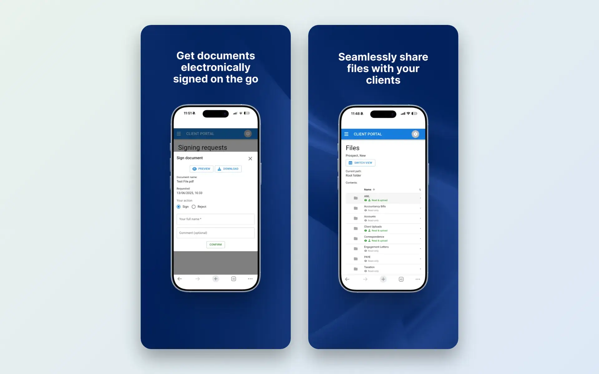 Signing a document and sharing files in the Engager client portal app
