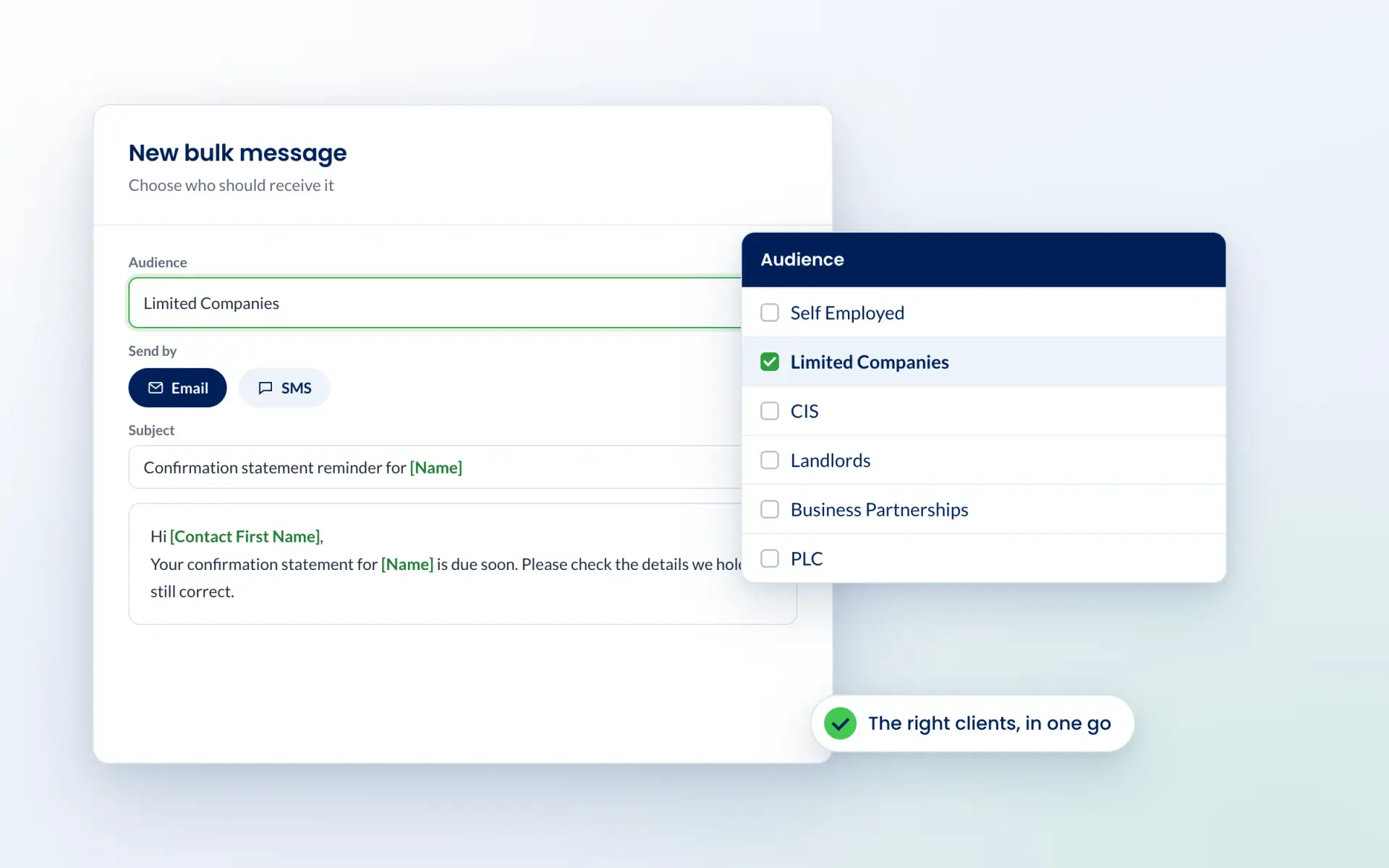 Engager bulk message audience picker with Limited Companies selected