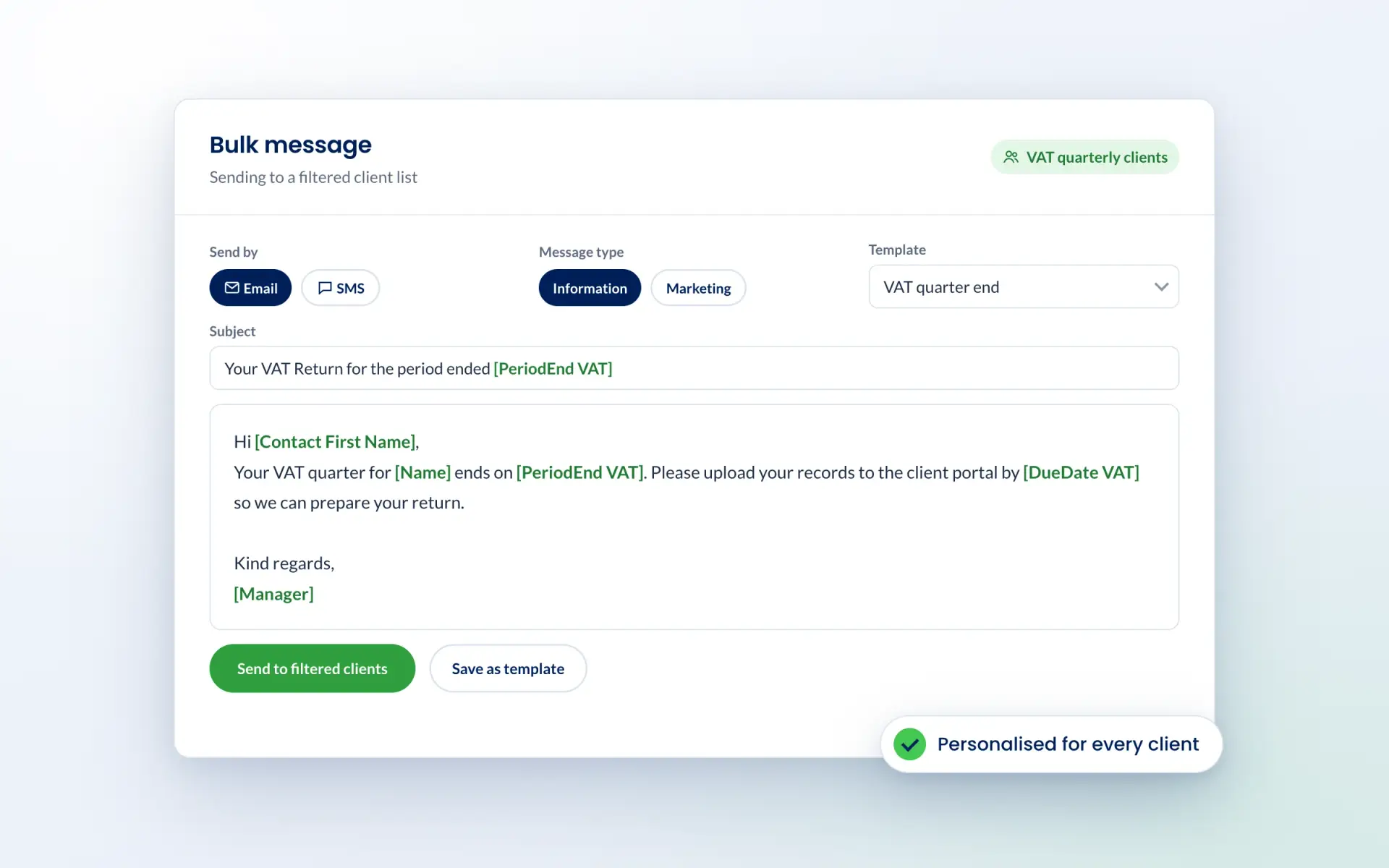 Engager bulk message to a filtered client list, with email or SMS and placeholders