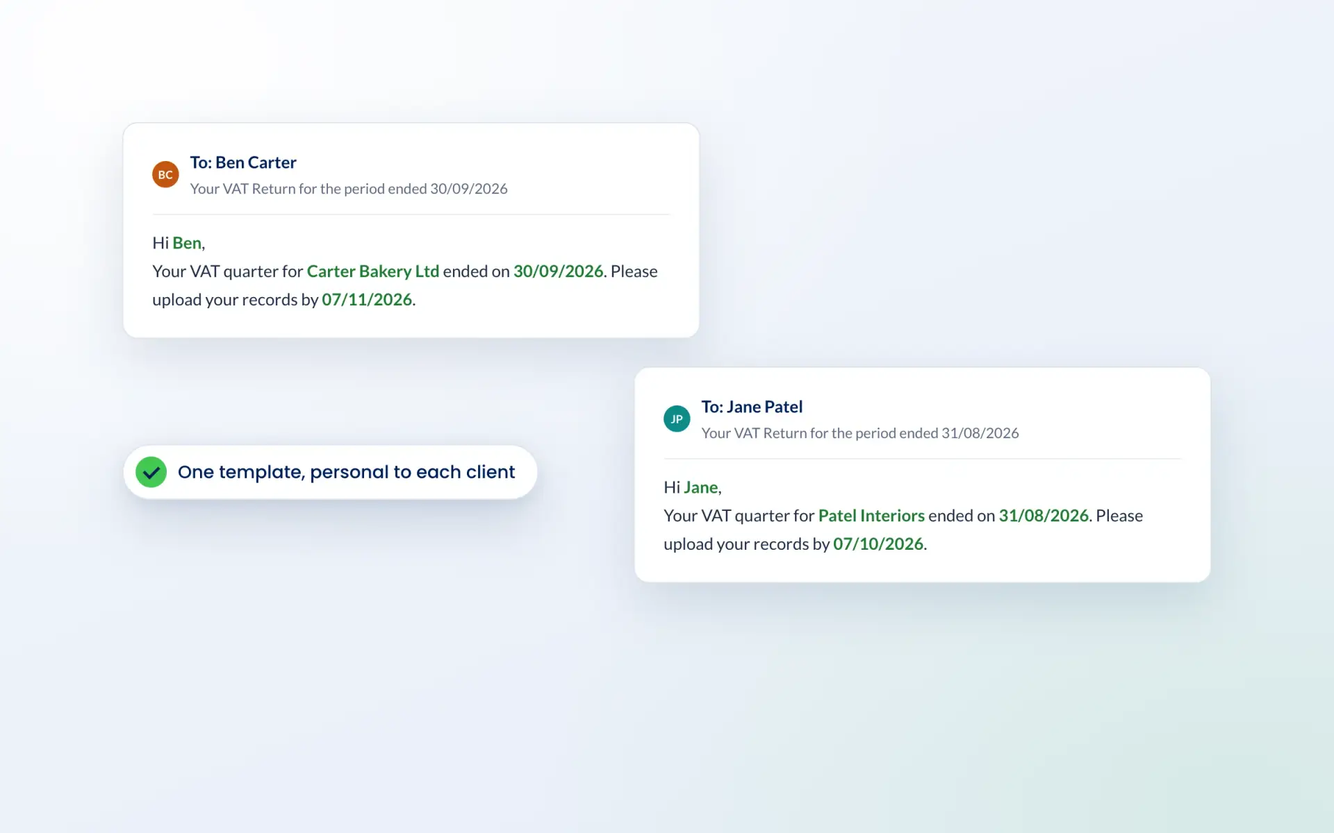 Two personalised emails generated from one bulk message template