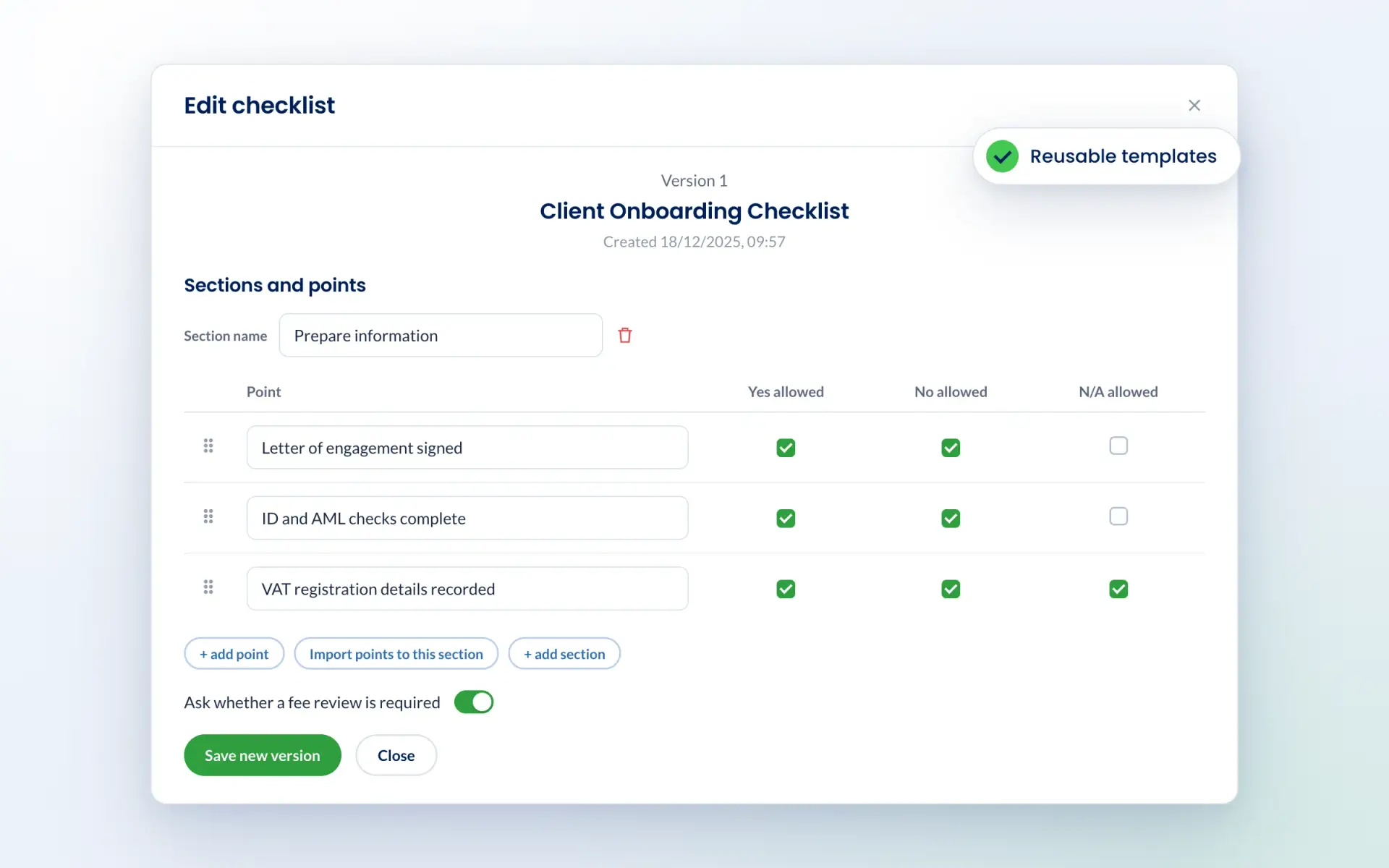 Editing a client onboarding checklist template in Engager