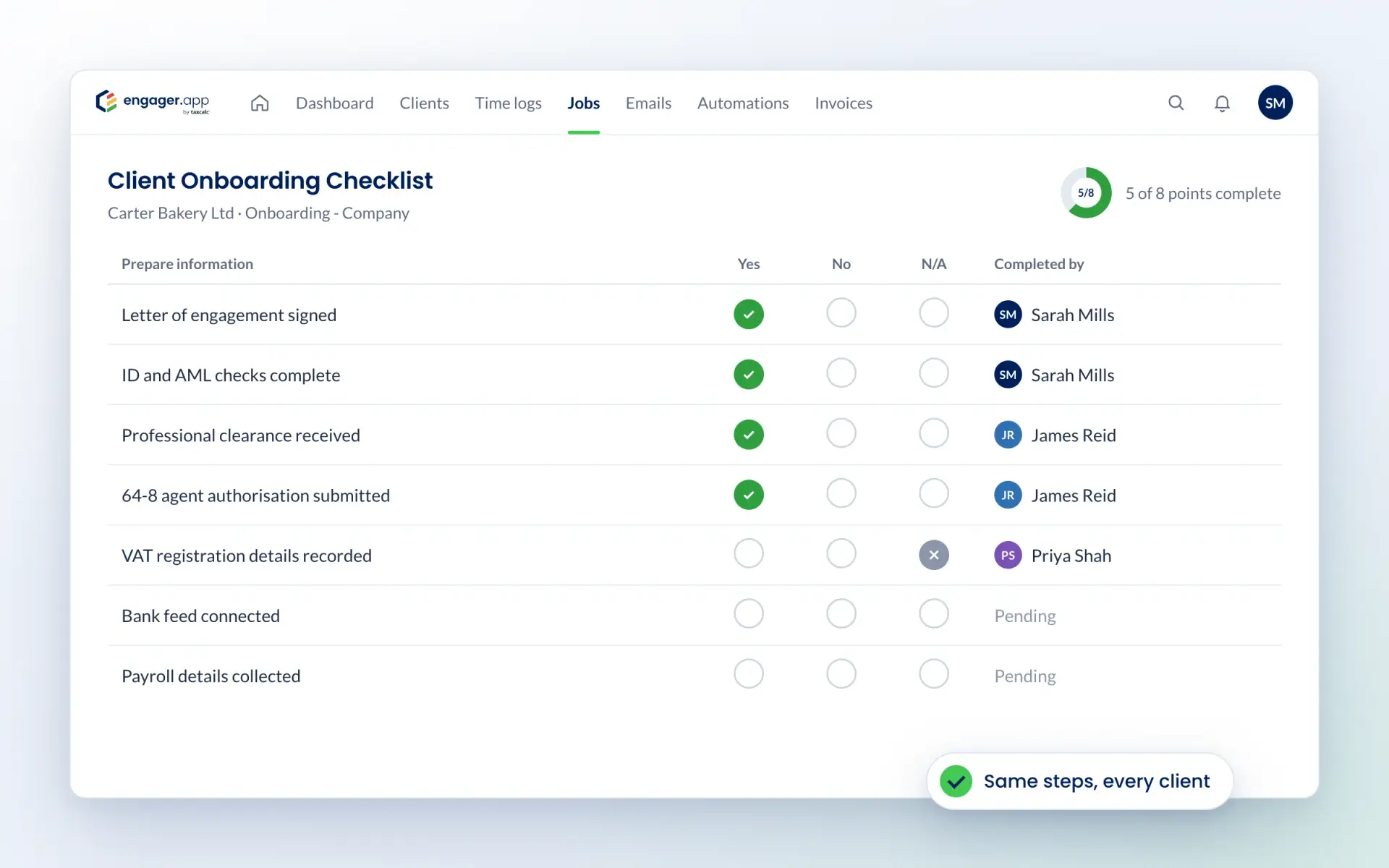 Client onboarding checklist in Engager with completed, pending and not applicable points