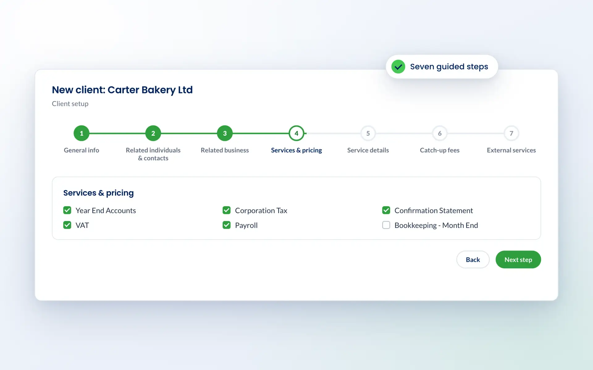 The seven steps of client setup in Engager, from general info to external services