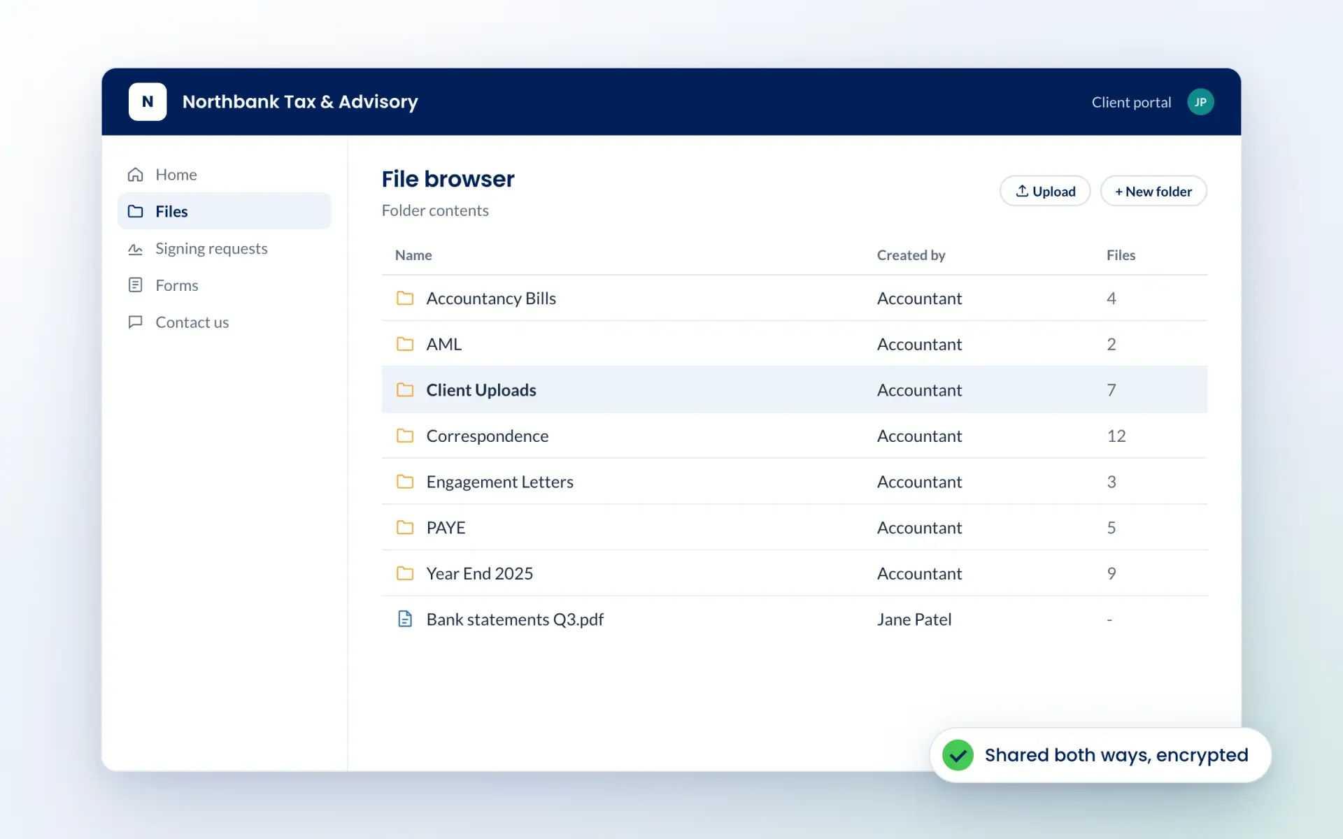 Branded client portal file browser with shared folders and documents