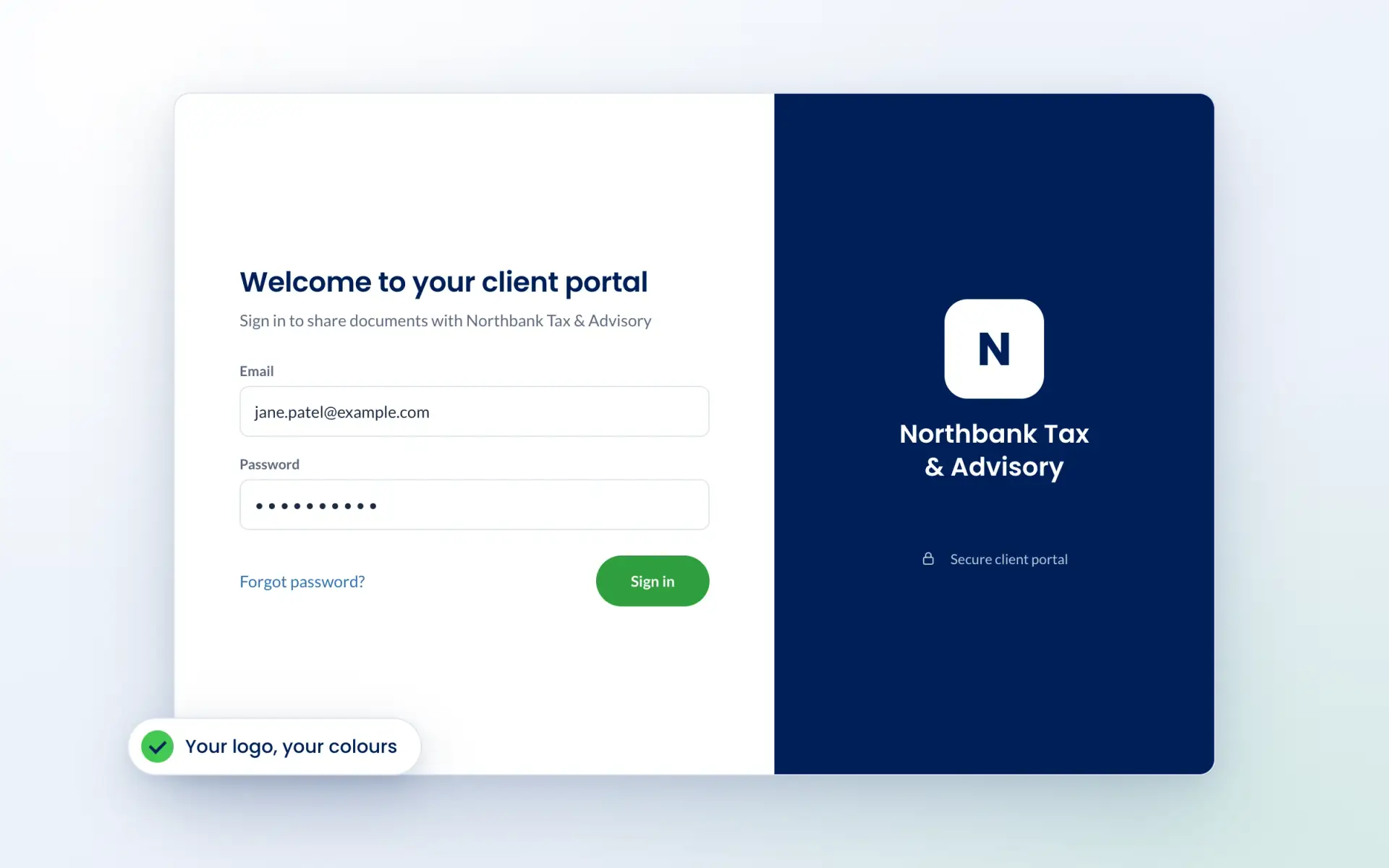 Branded client portal sign-in page for a fictional practice