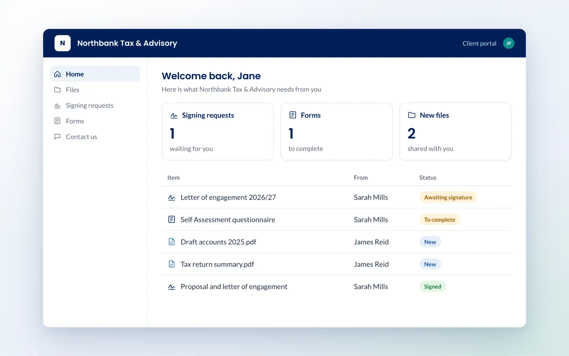 Client portal home page with signing requests, forms and new files for the client