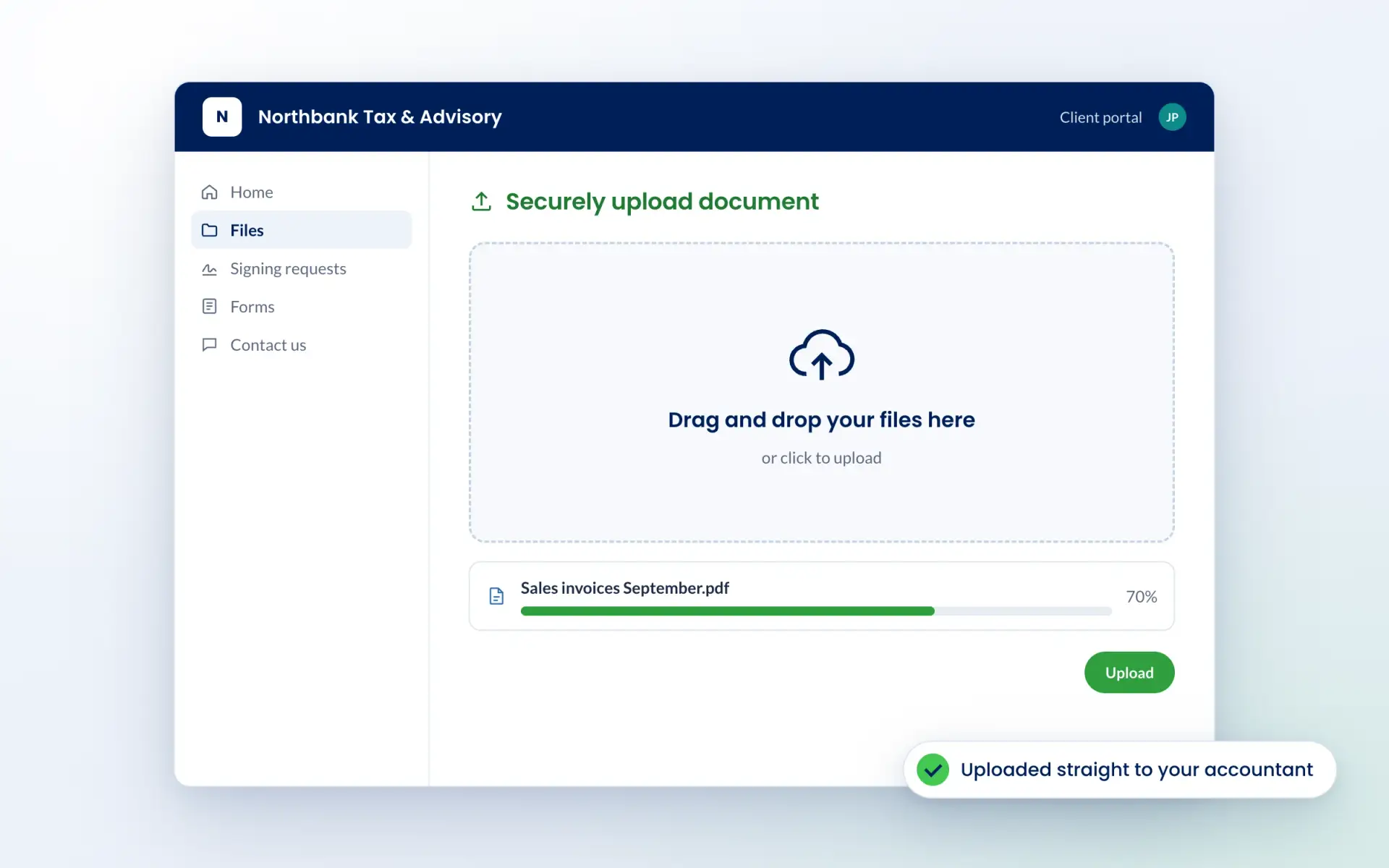 Client portal secure document upload with a drag and drop area
