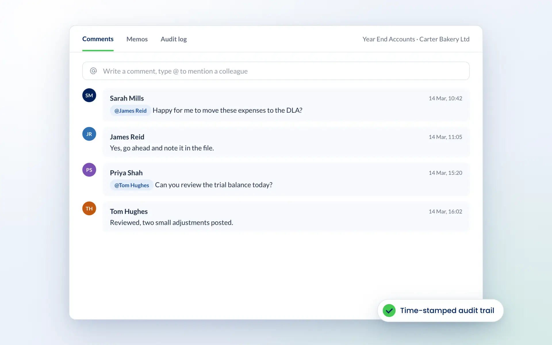 Comments on a job in Engager with colleague mentions and time stamps