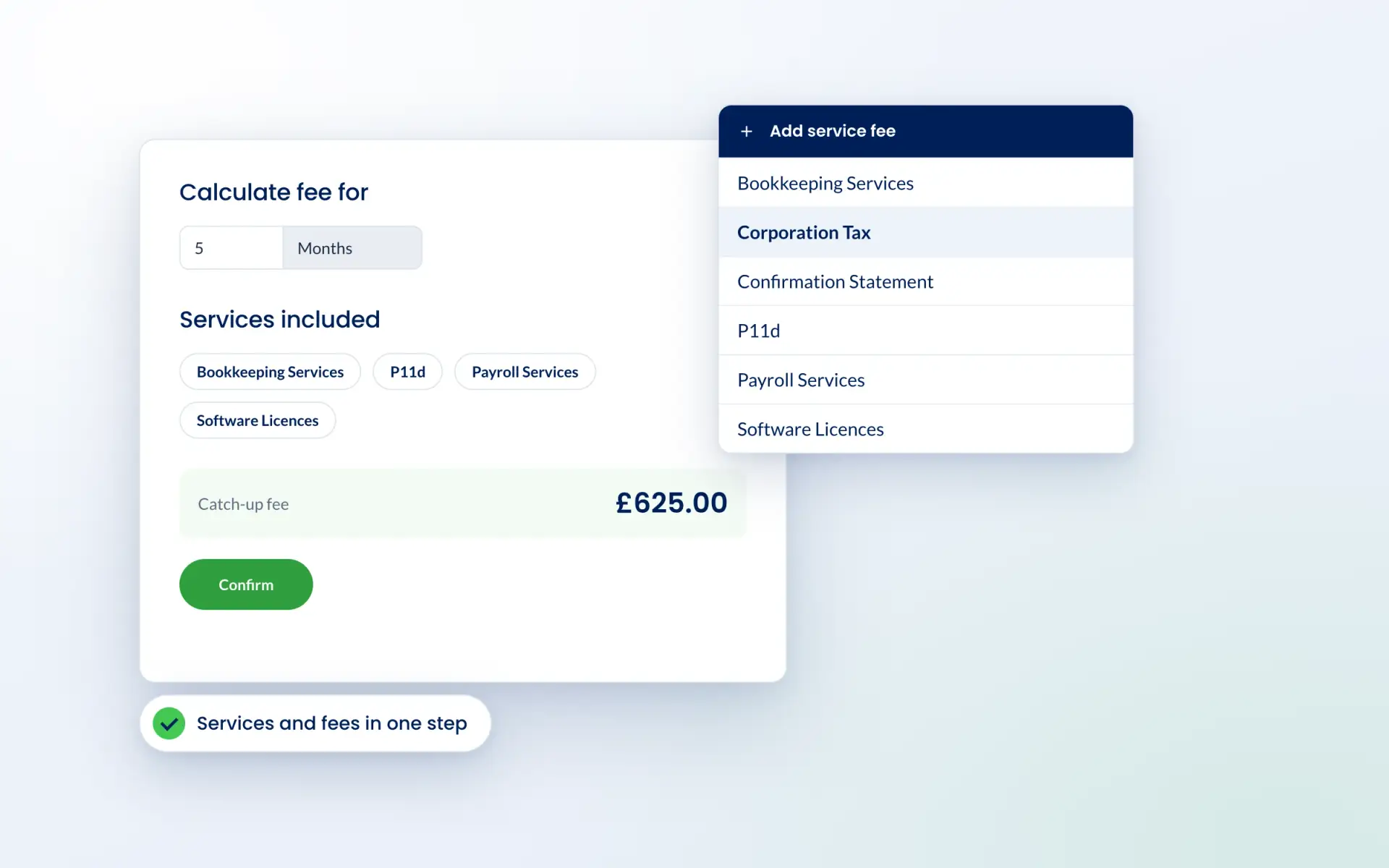 Engager catch-up fee calculator for five months with services included