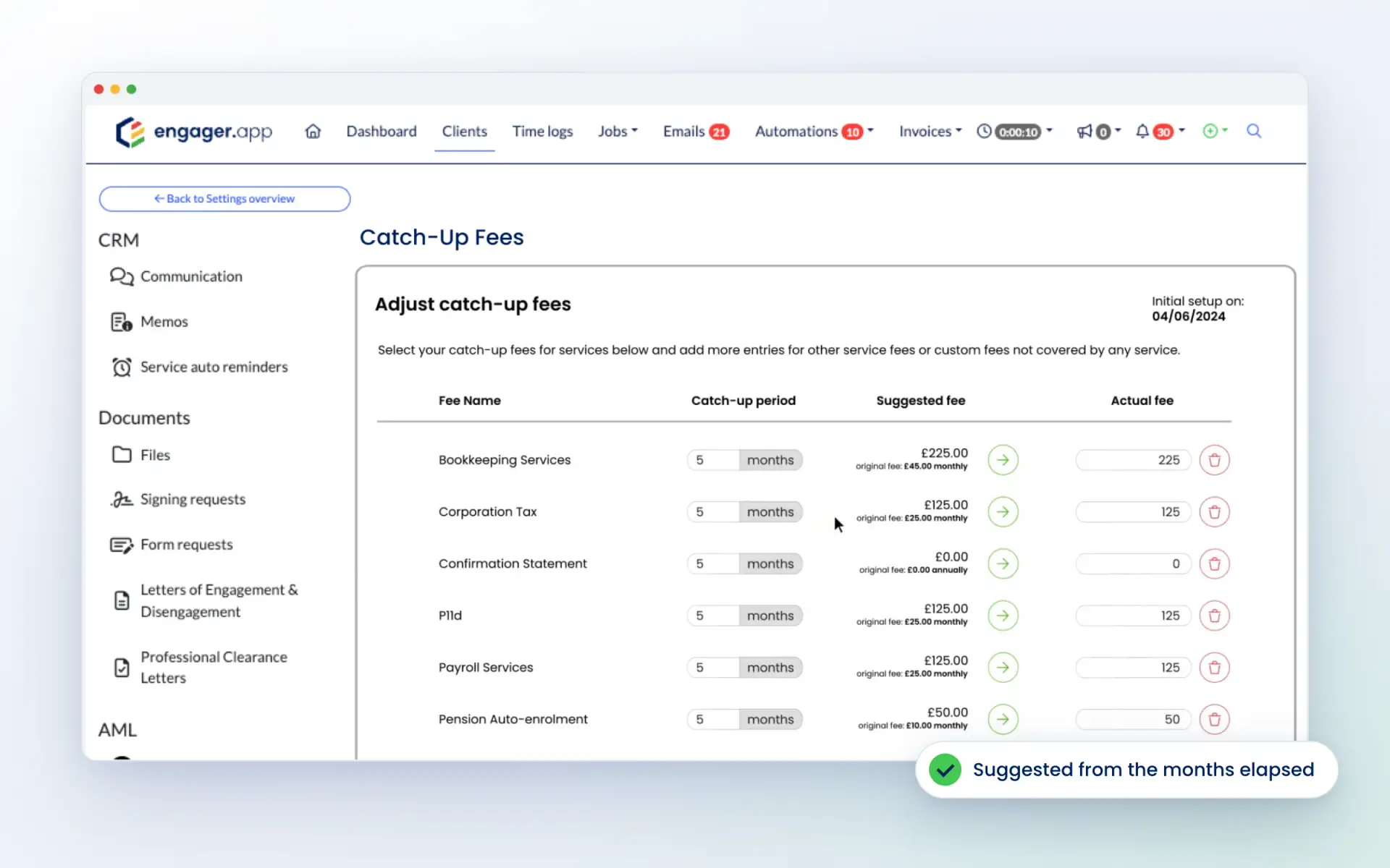 Engager catch-up fees screen with suggested and actual fees for each service