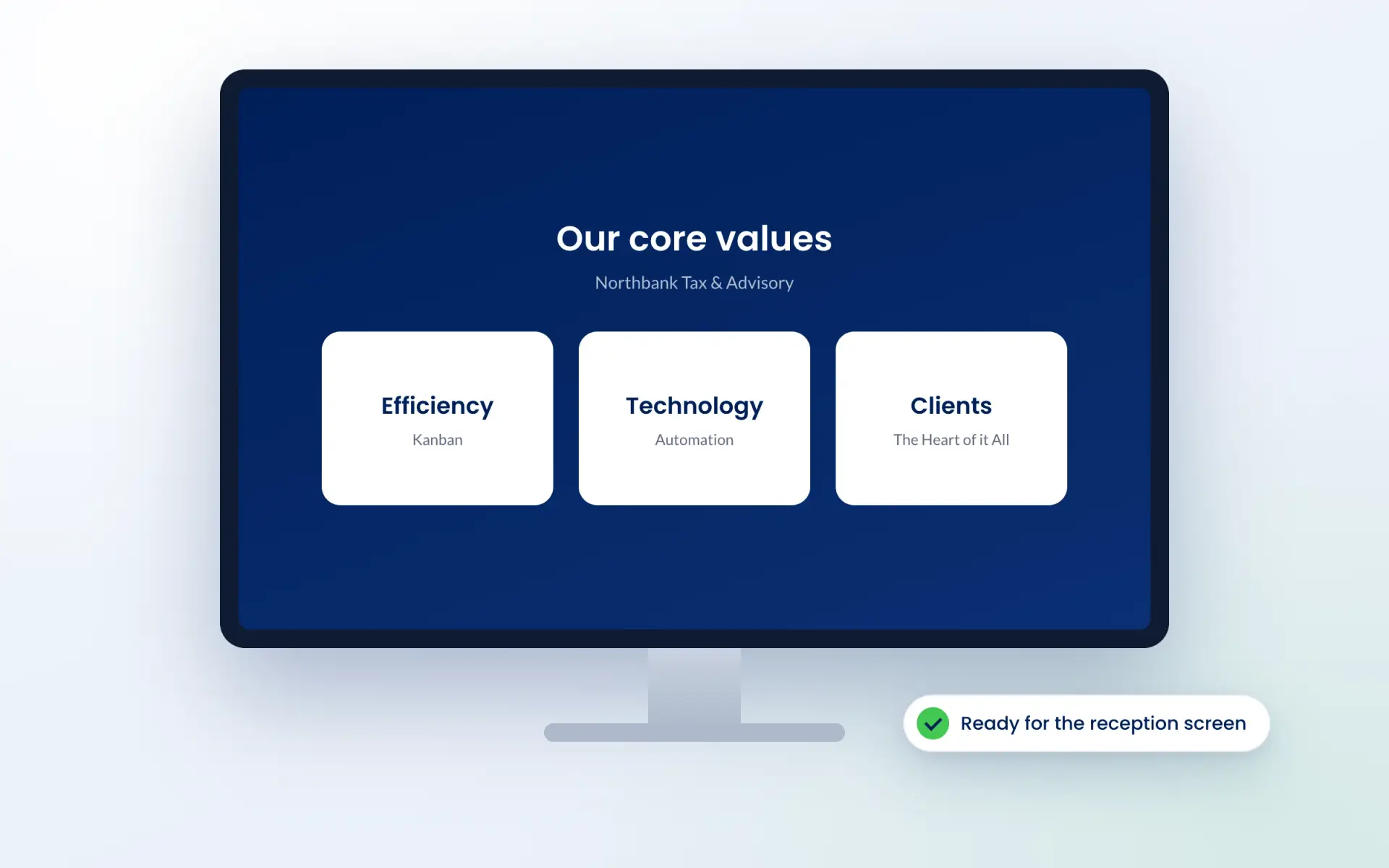 Core values page shown on an office reception screen