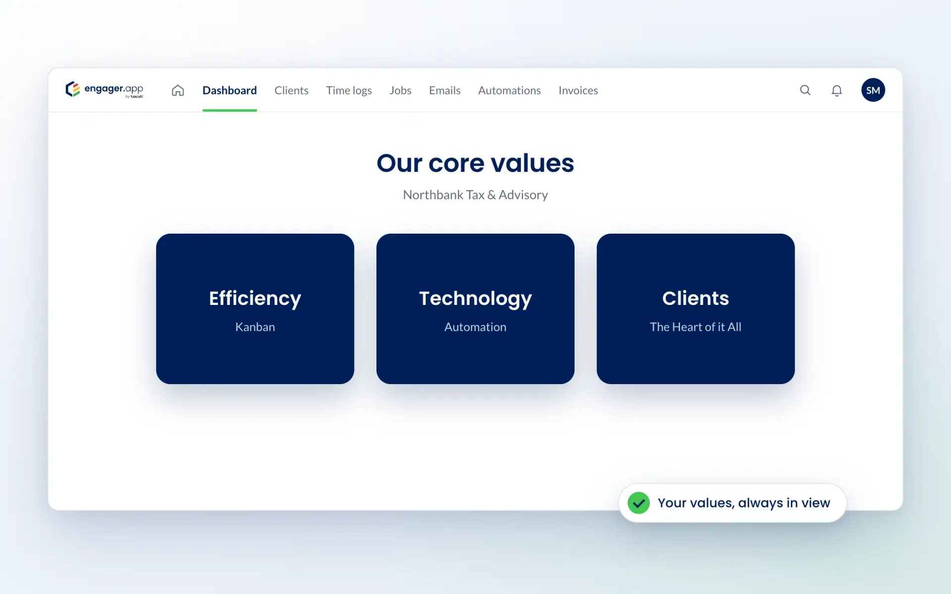 Engager core values page with three values: Efficiency, Technology and Clients