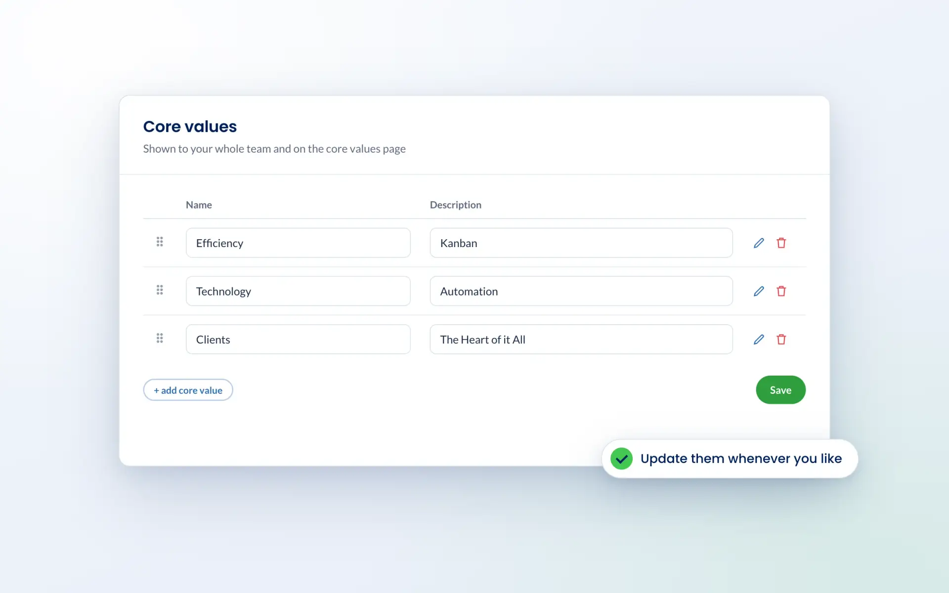 Engager settings for adding and editing core values