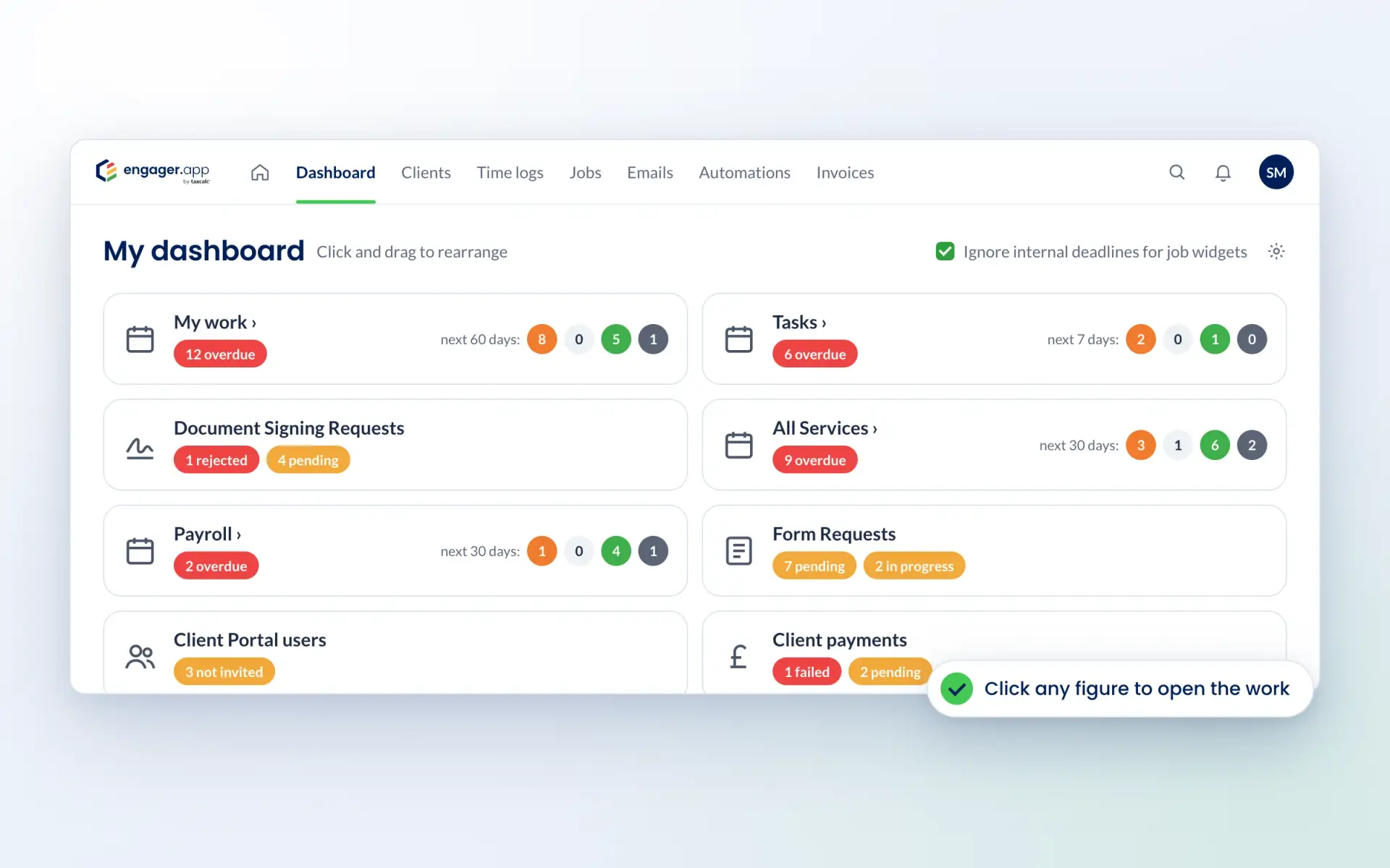 Engager dashboard widgets for work, tasks, signing requests and form requests
