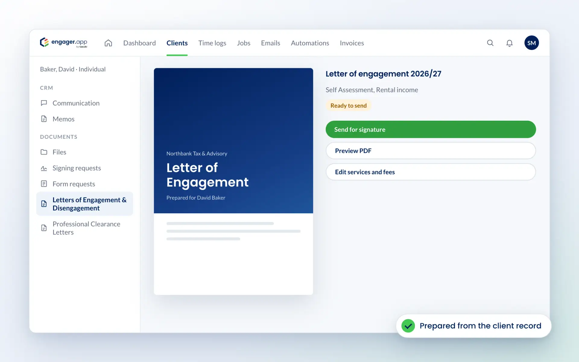 Letter of engagement prepared from a client record in Engager