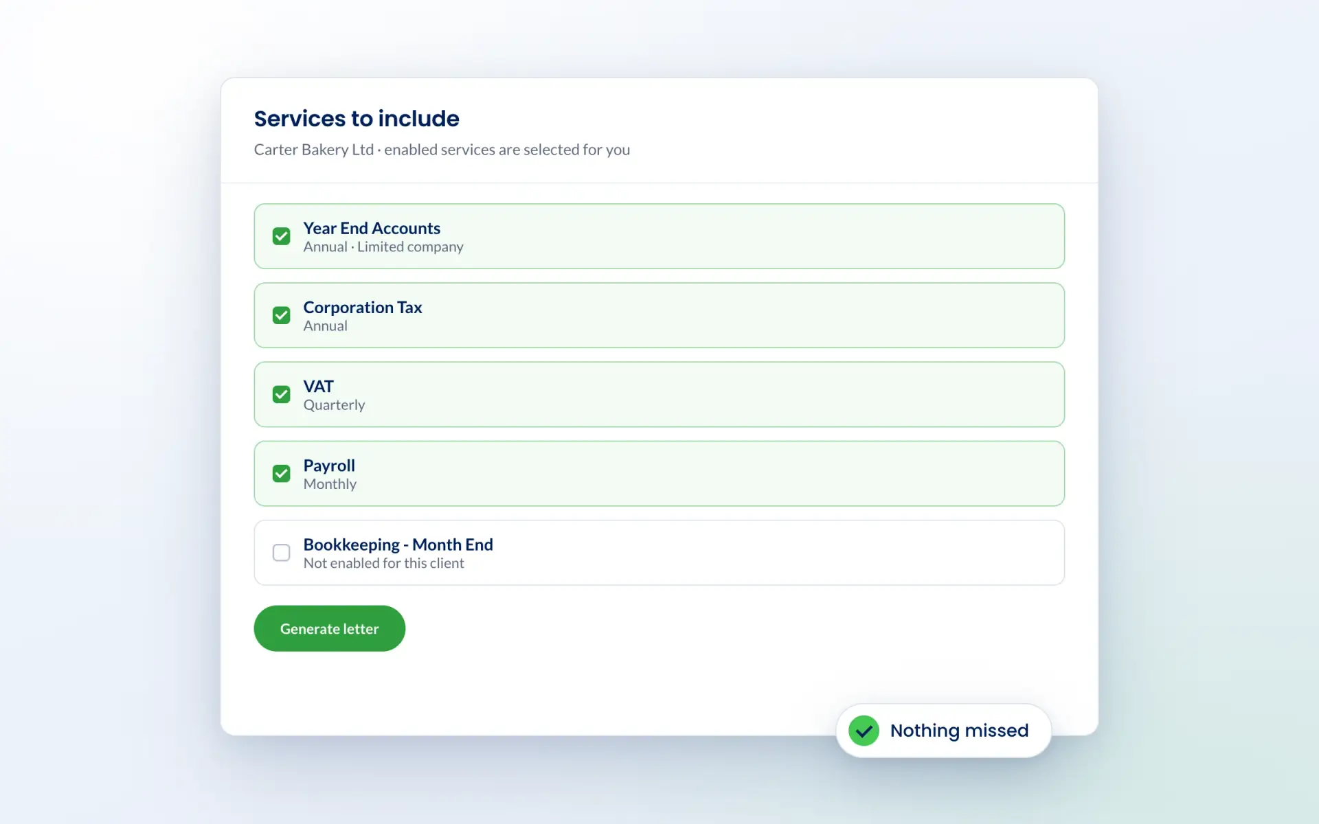 Choosing the client services to include in a letter in Engager