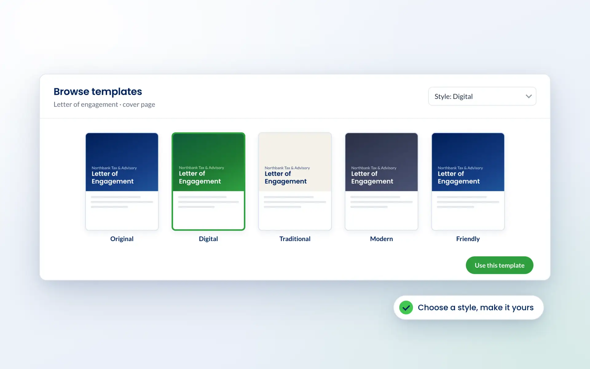Browsing letter of engagement cover templates in Engager