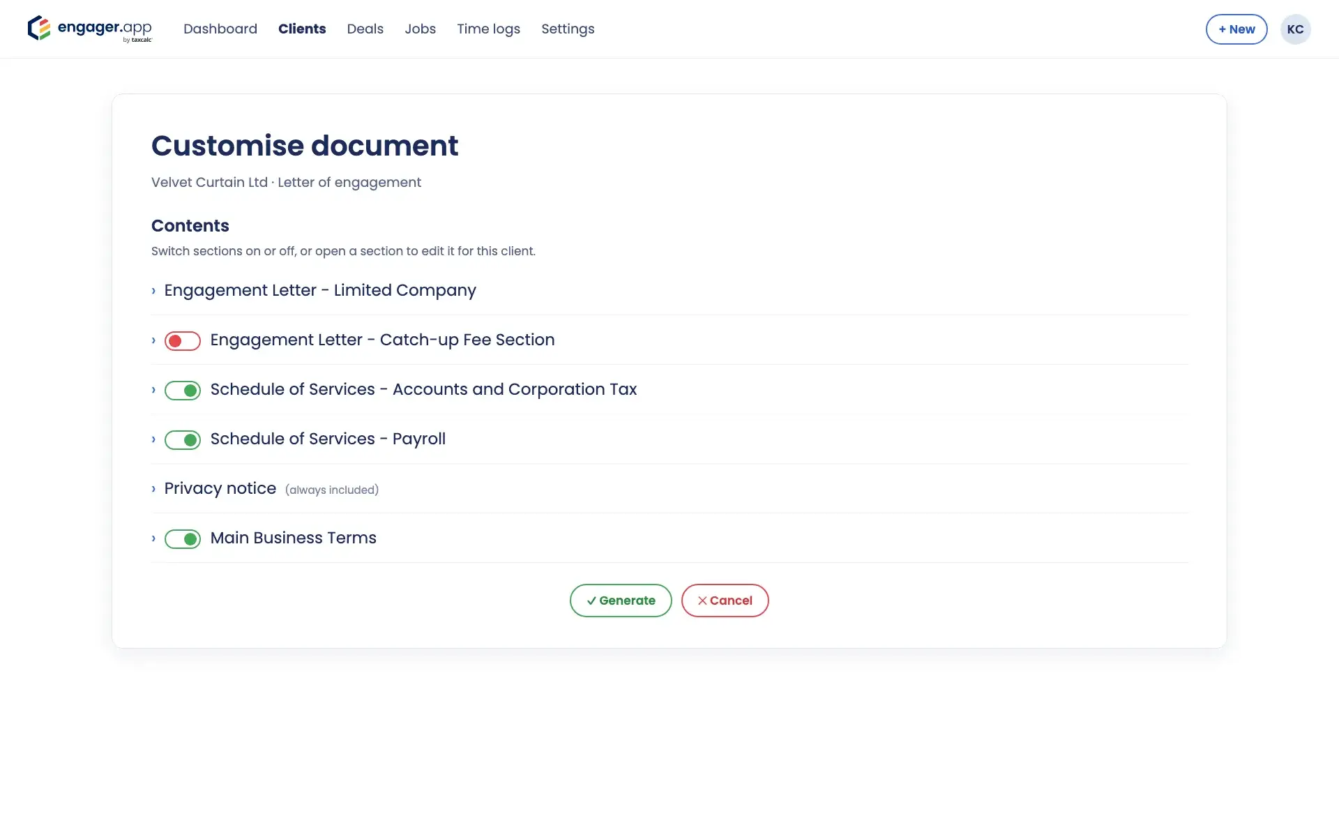 Customising a letter of engagement in Engager by switching sections on and off