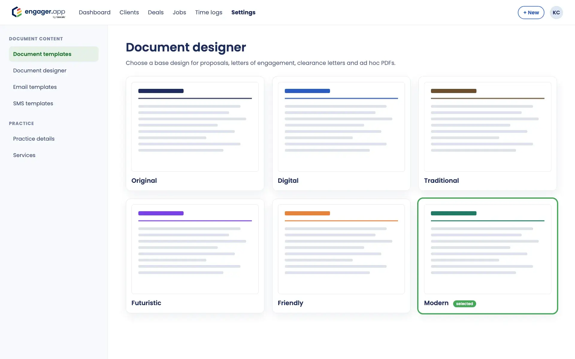 Engager document designer with six base designs to choose from