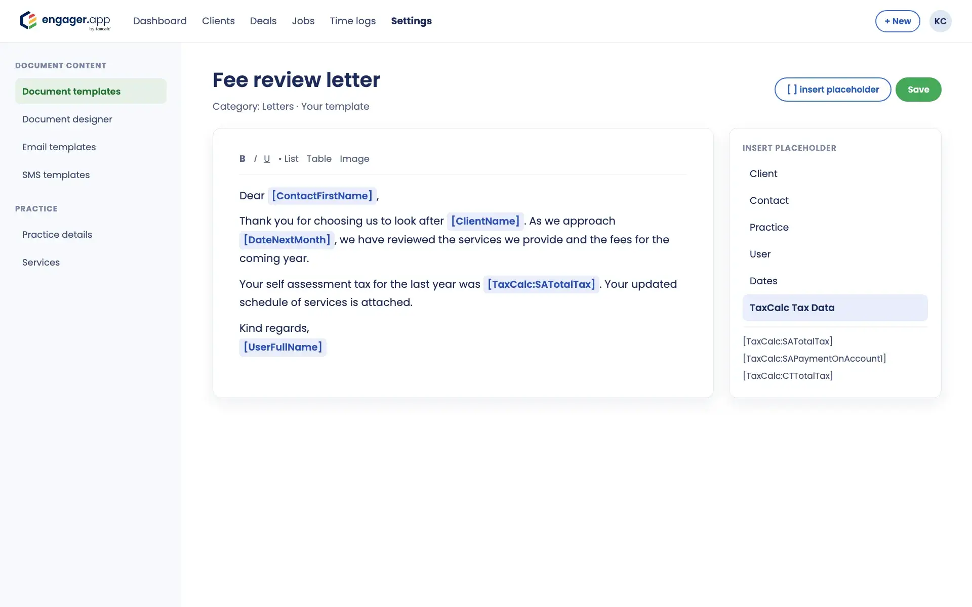 Editing a document template in Engager with client, date and TaxCalc placeholders