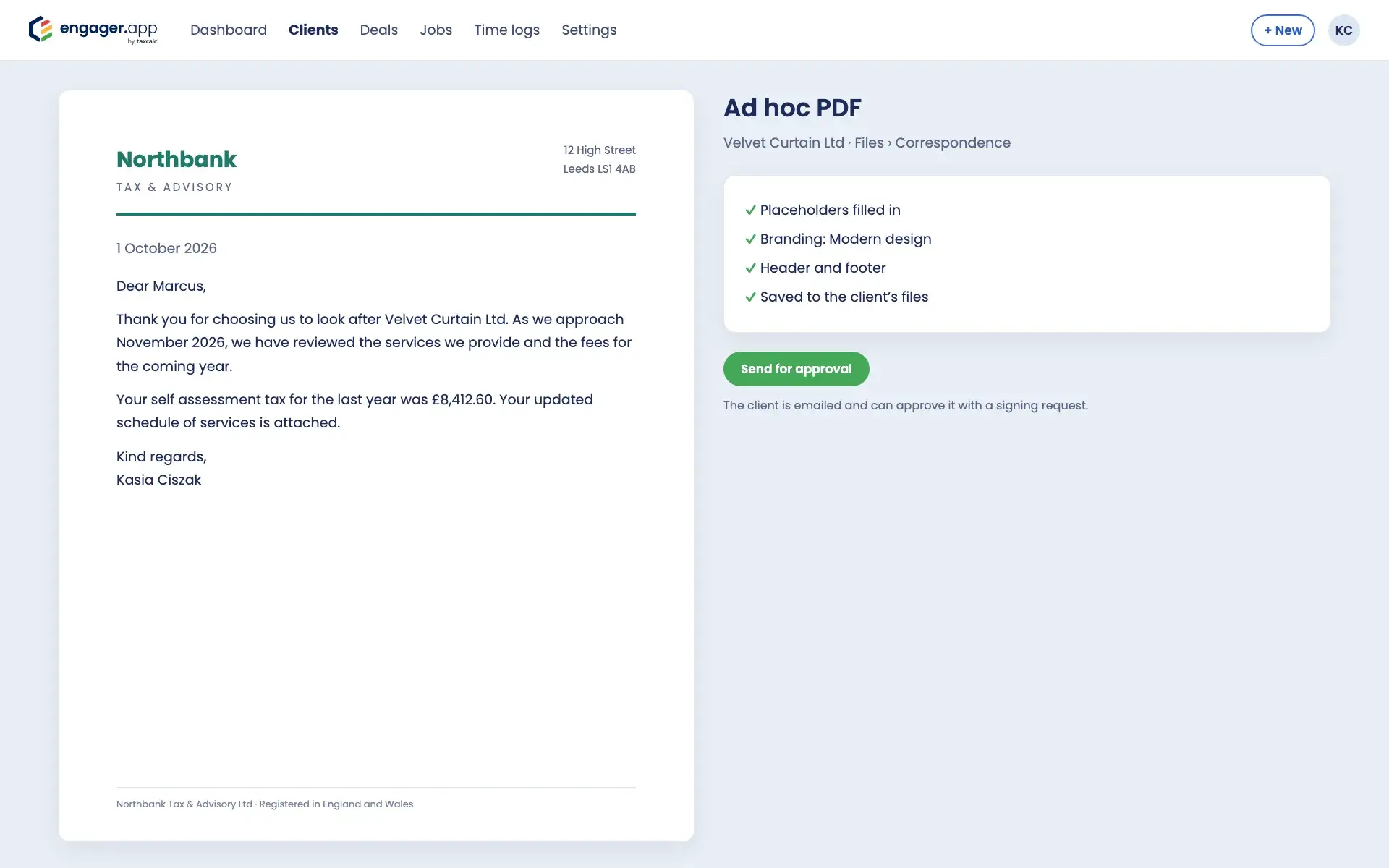 Branded letter generated from an Engager document template with placeholders filled in