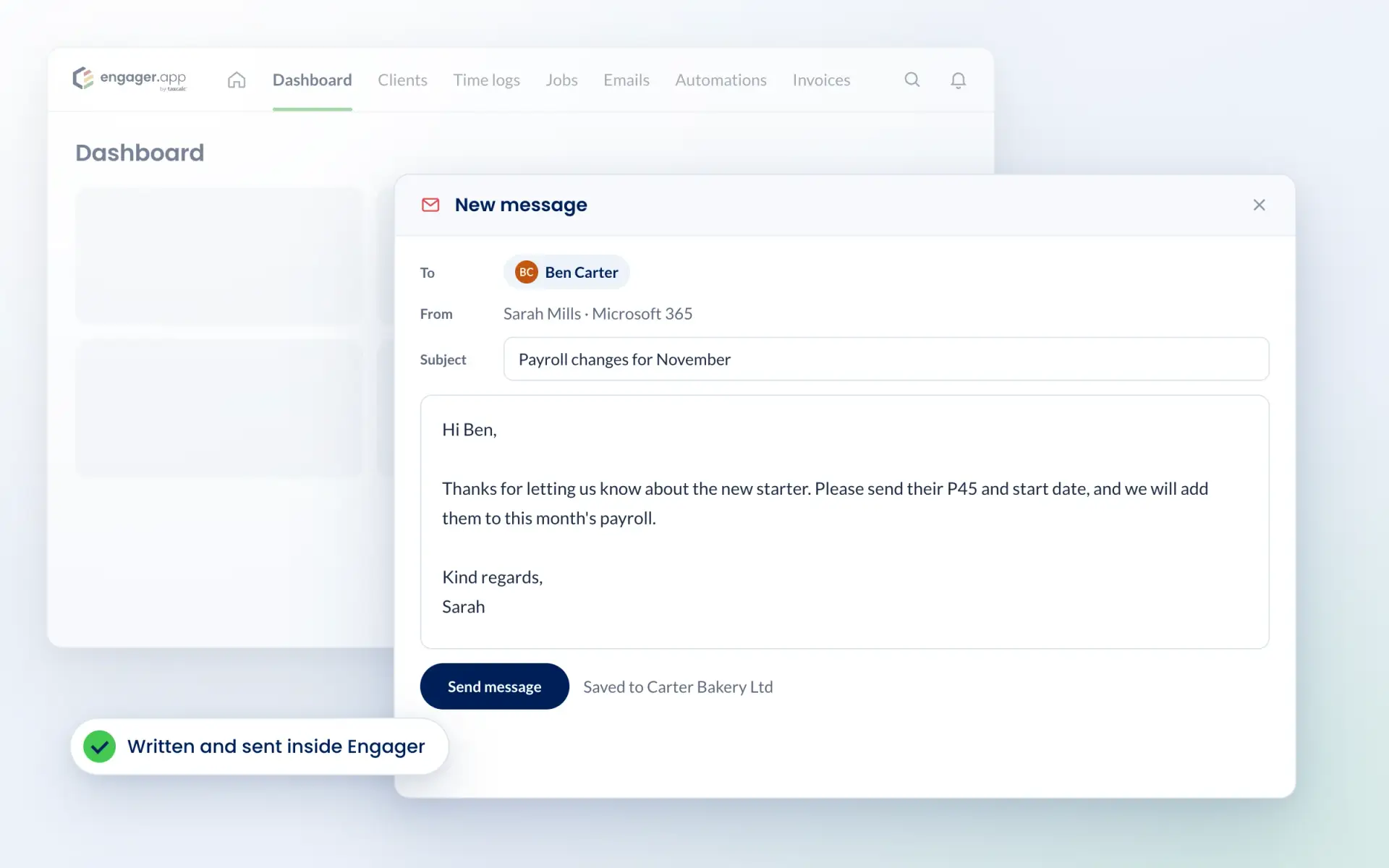 Writing an email to a client from inside Engager