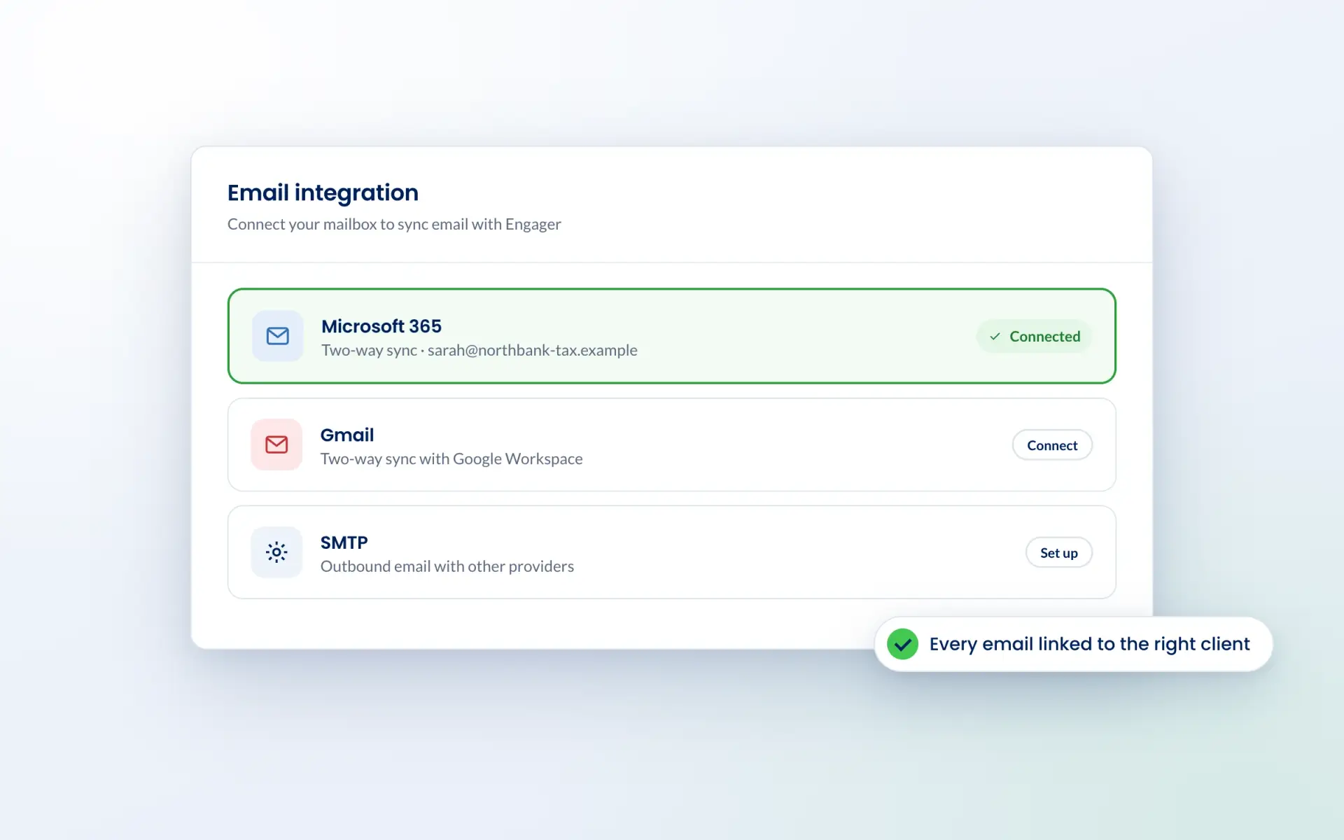 Engager email integration settings with Microsoft 365 connected and Gmail available