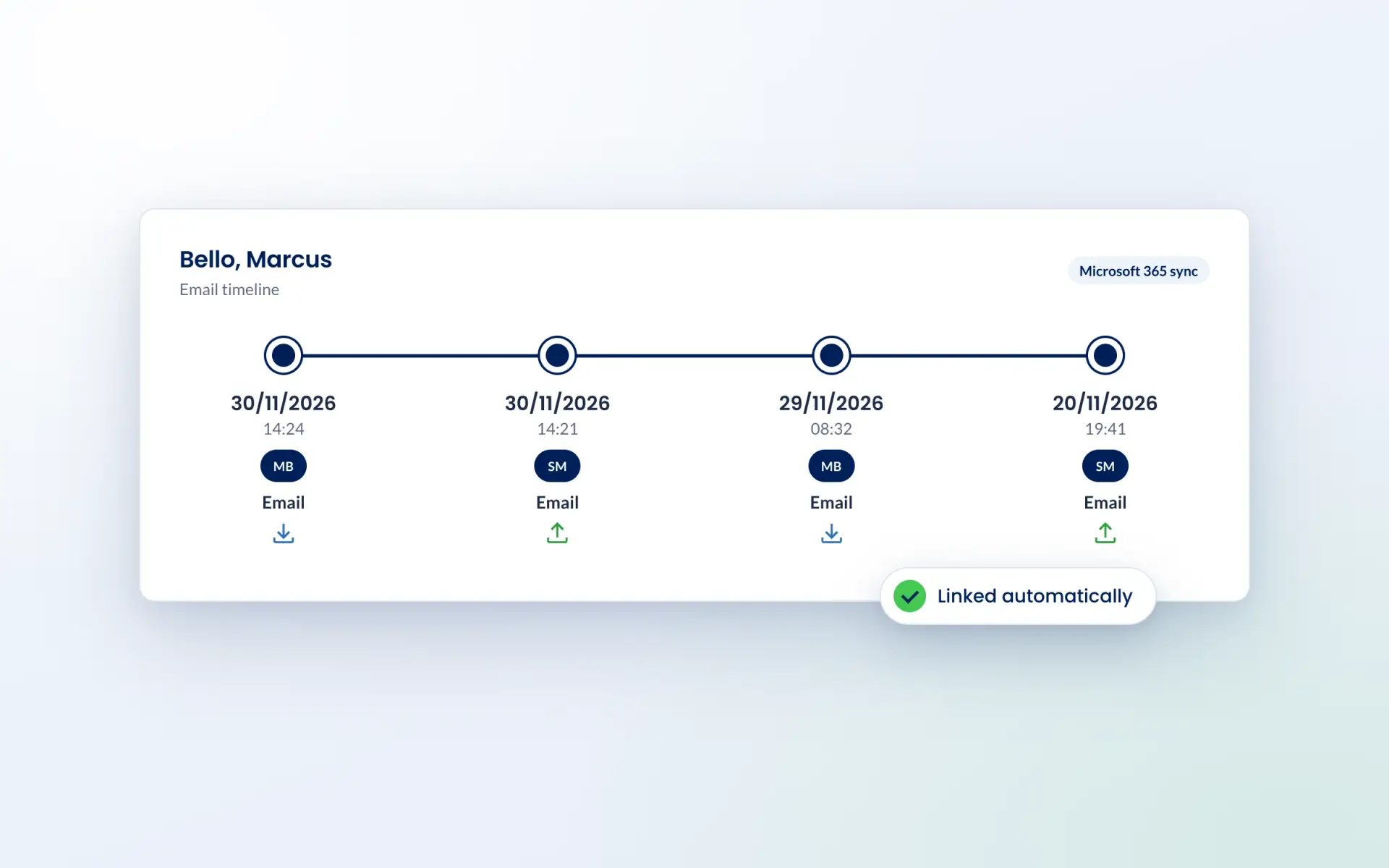 Timeline of emails linked to a client record in Engager