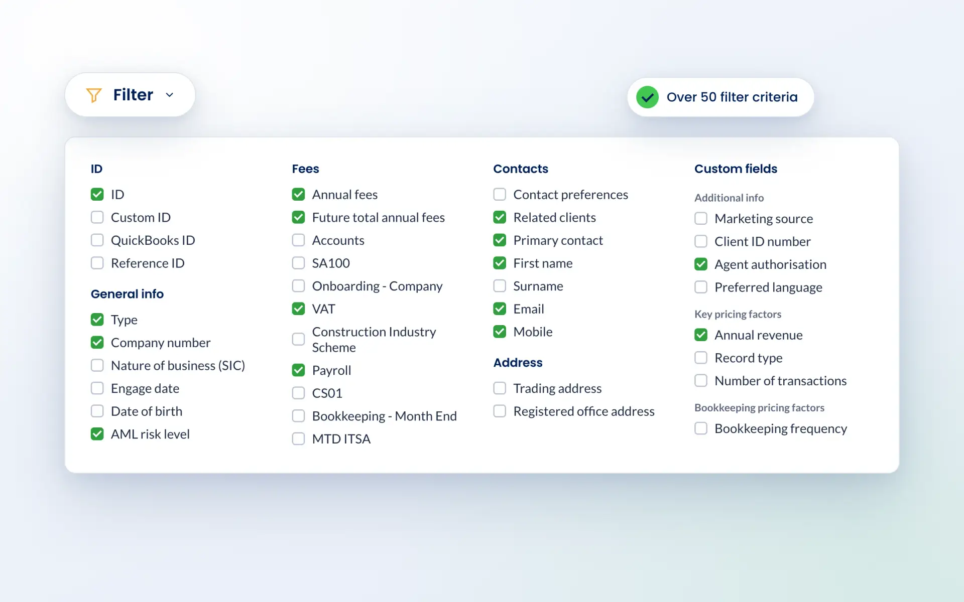 Engager filter menu with checkboxes for IDs, fees, contacts and custom fields