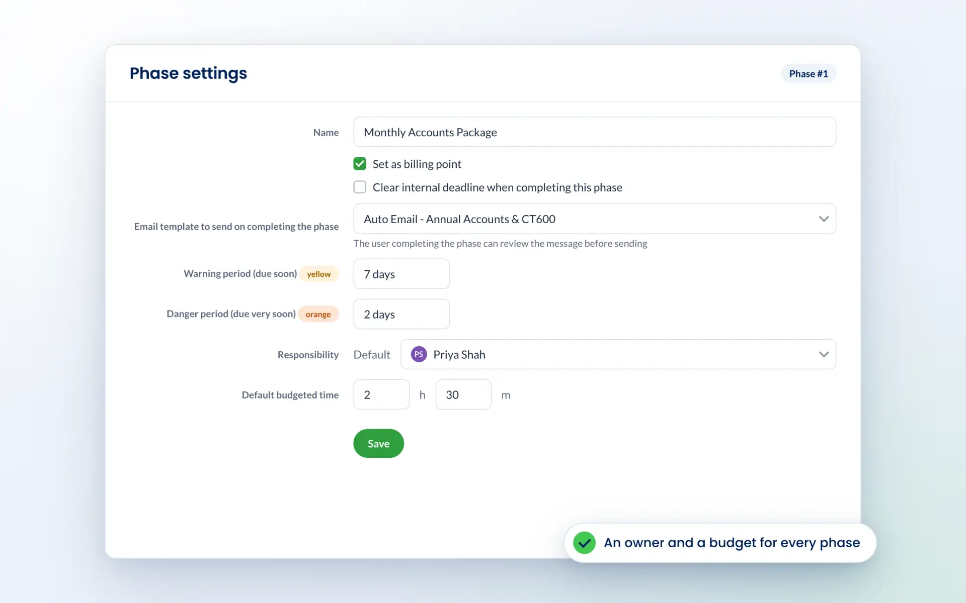 Engager phase settings with billing point, email template, warning periods and budgeted time