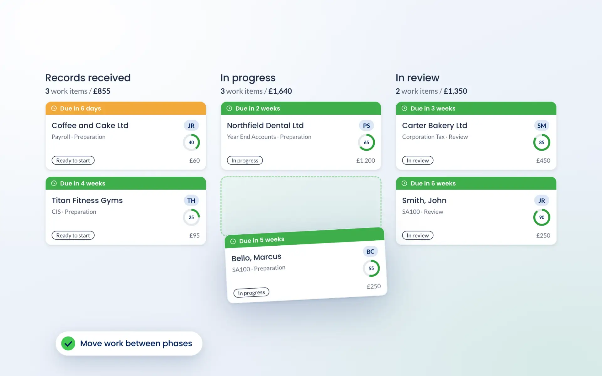 Moving a work item between columns on the Engager Kanban board