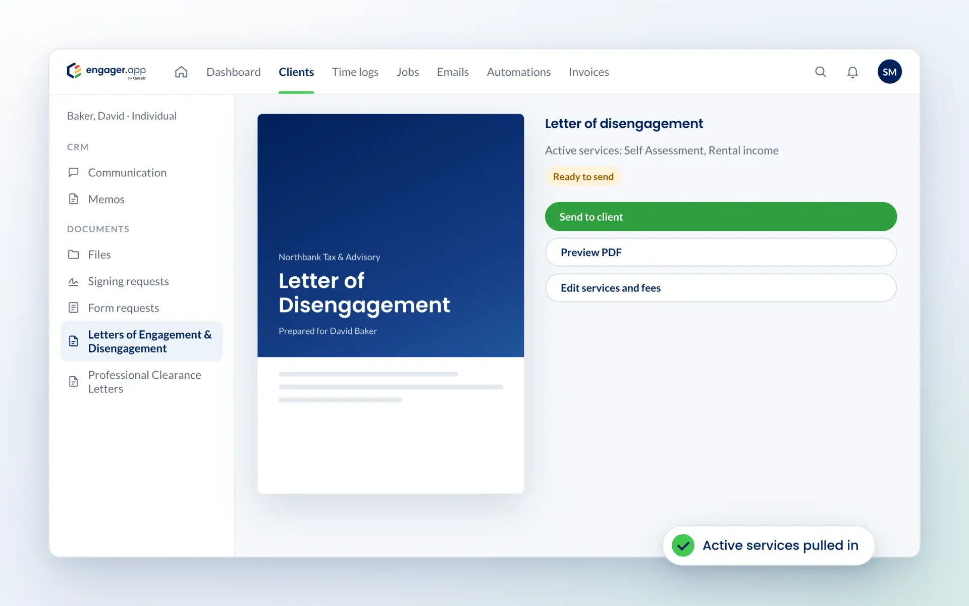 Letter of disengagement prepared from a client record in Engager