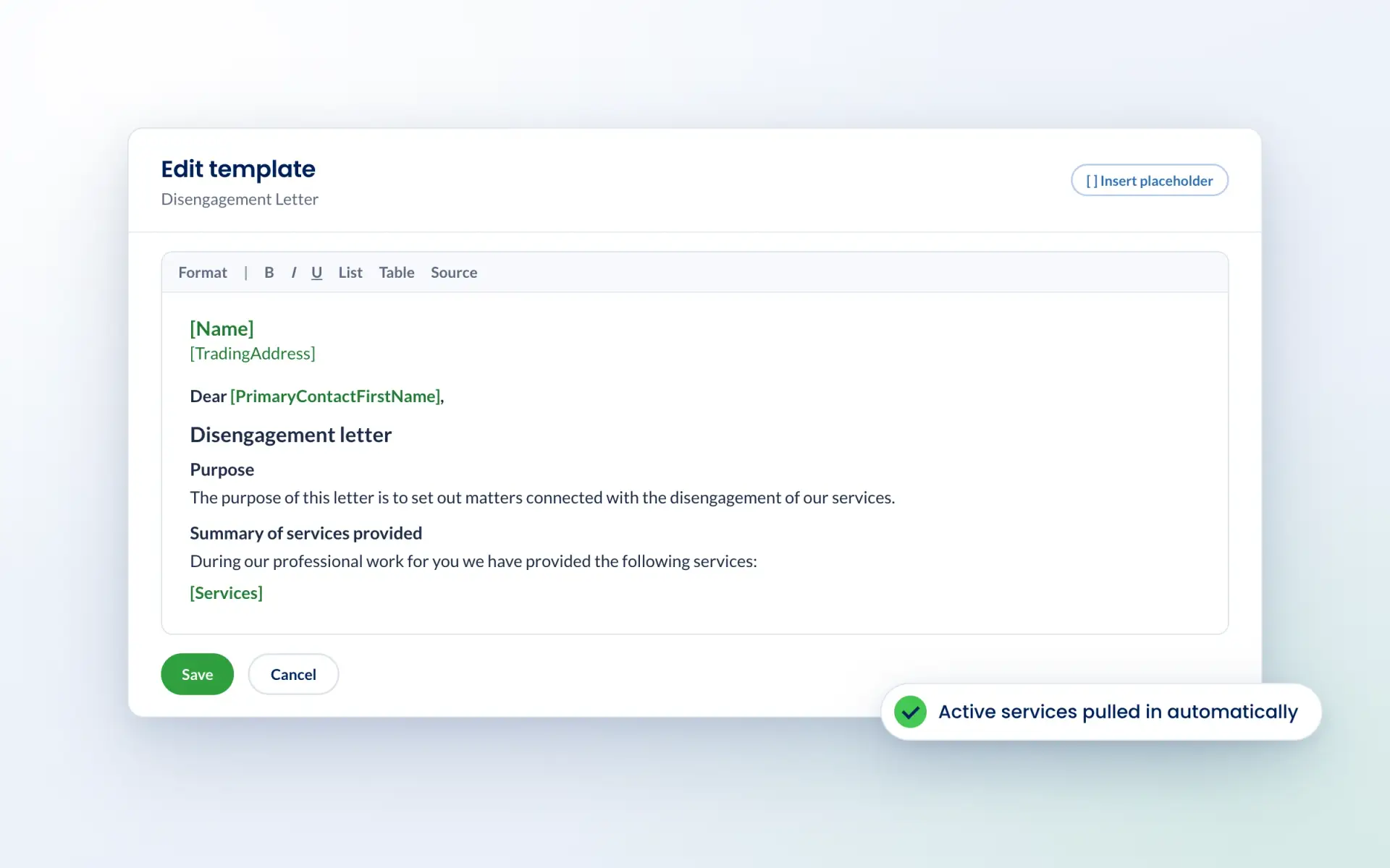 Editing a disengagement letter template in Engager with placeholders