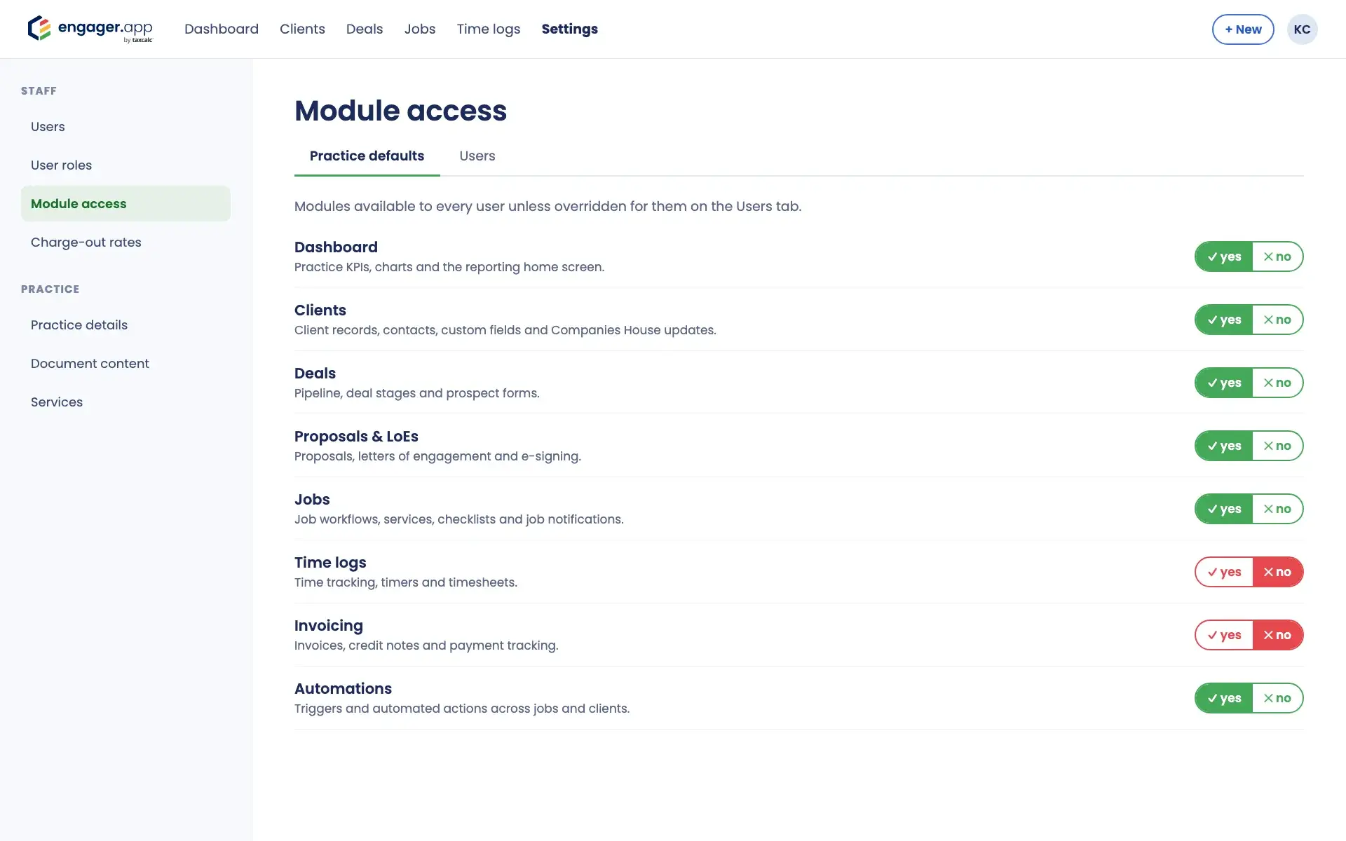 Engager module access practice defaults with yes and no switches for each module