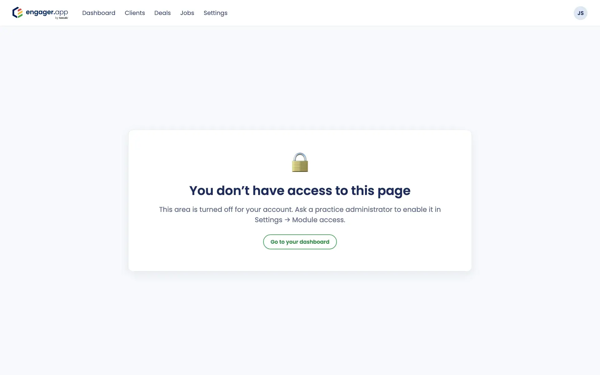 Engager page shown when a module is switched off for a user