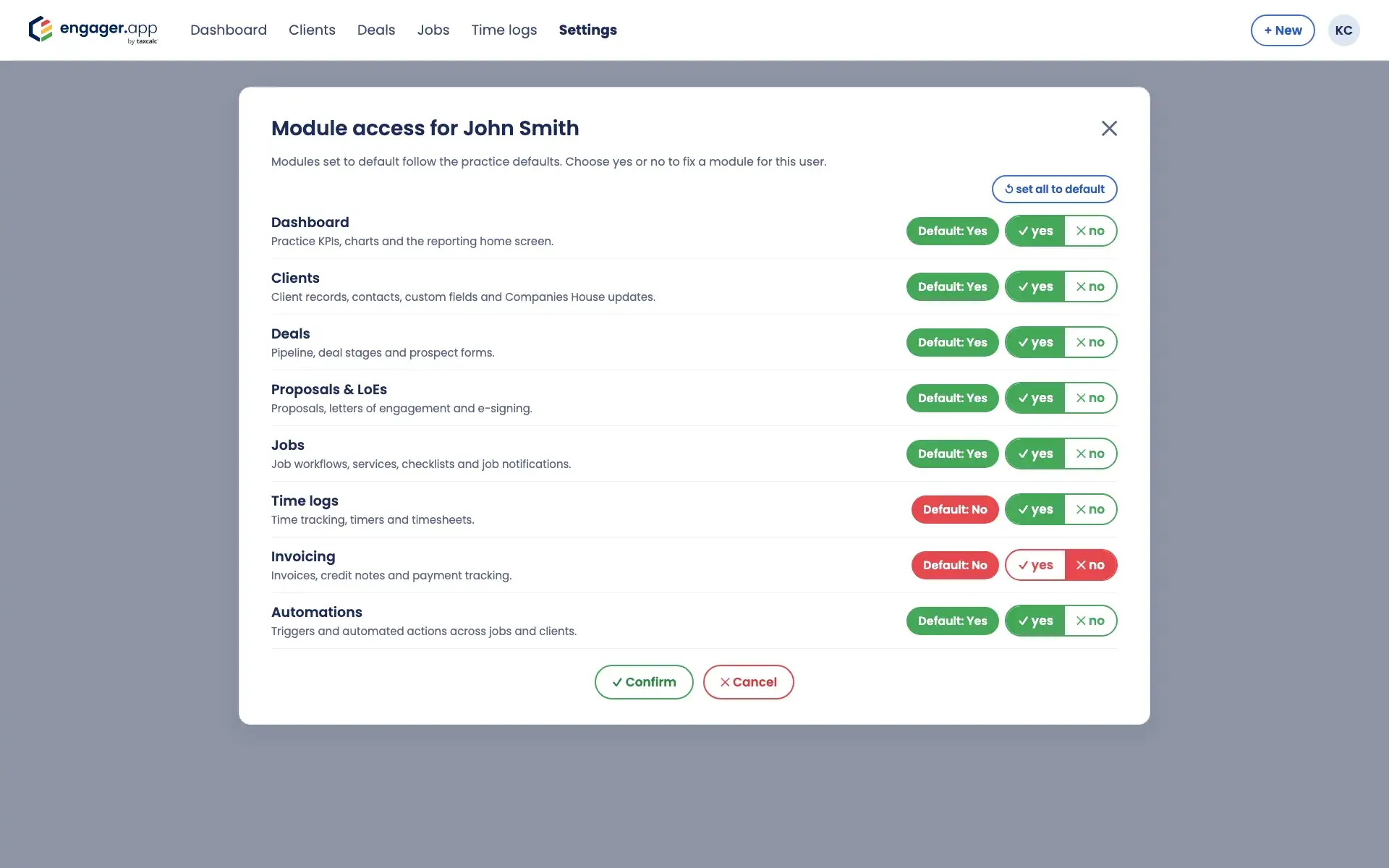 Setting module access for one user in Engager, overriding the practice defaults