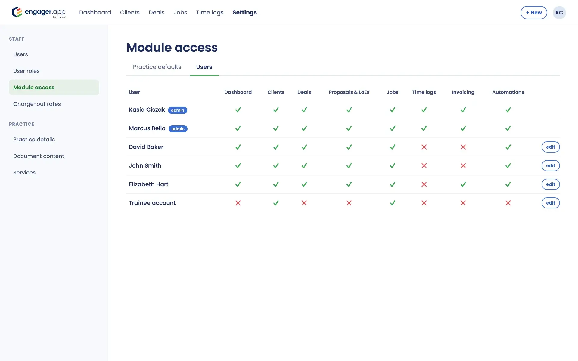 Engager module access users tab showing which modules each team member can see