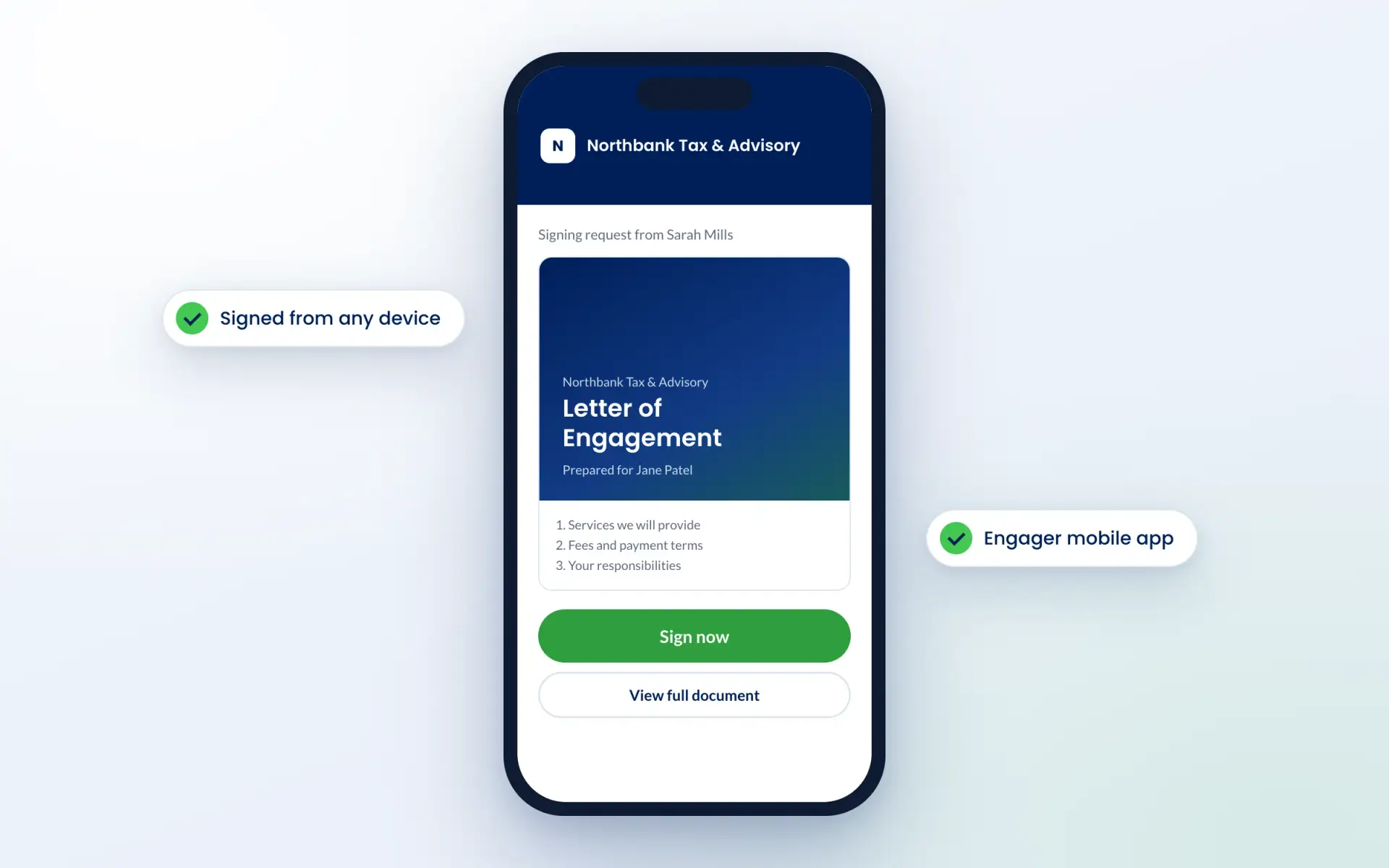 Engager mobile app showing a branded letter of engagement ready to sign