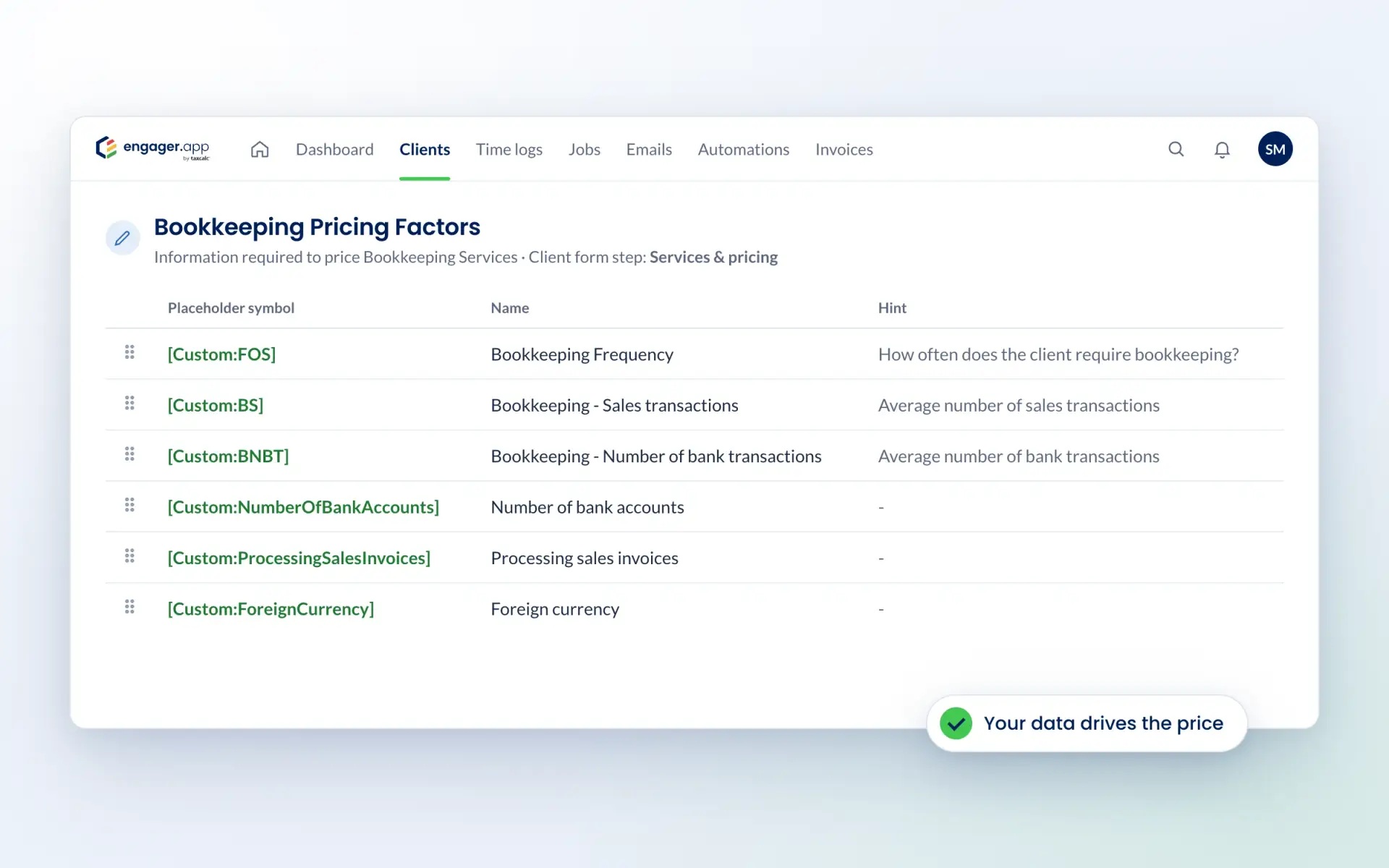 Engager bookkeeping pricing factors with placeholder symbols for each field