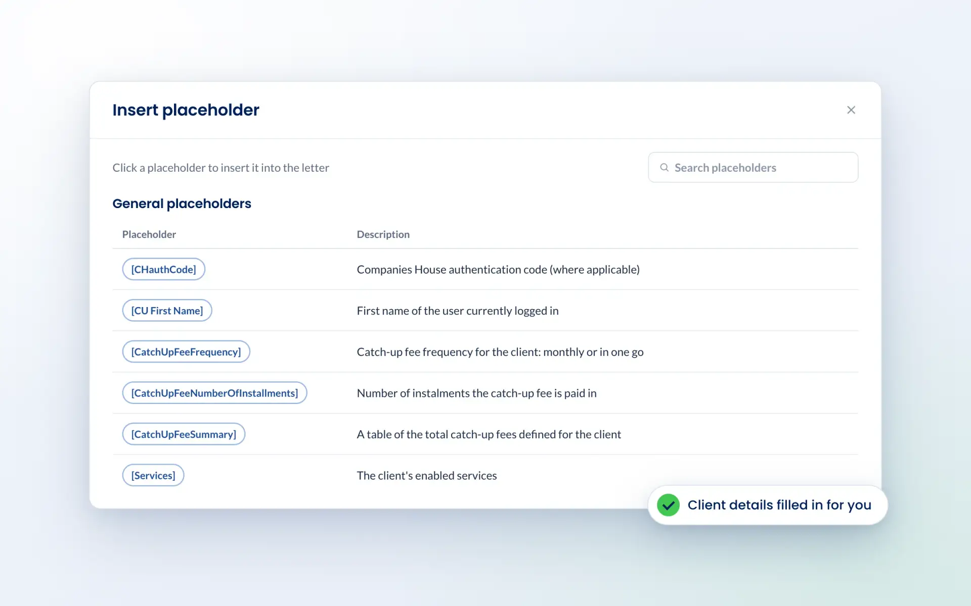 Engager placeholder list for inserting client details into a letter