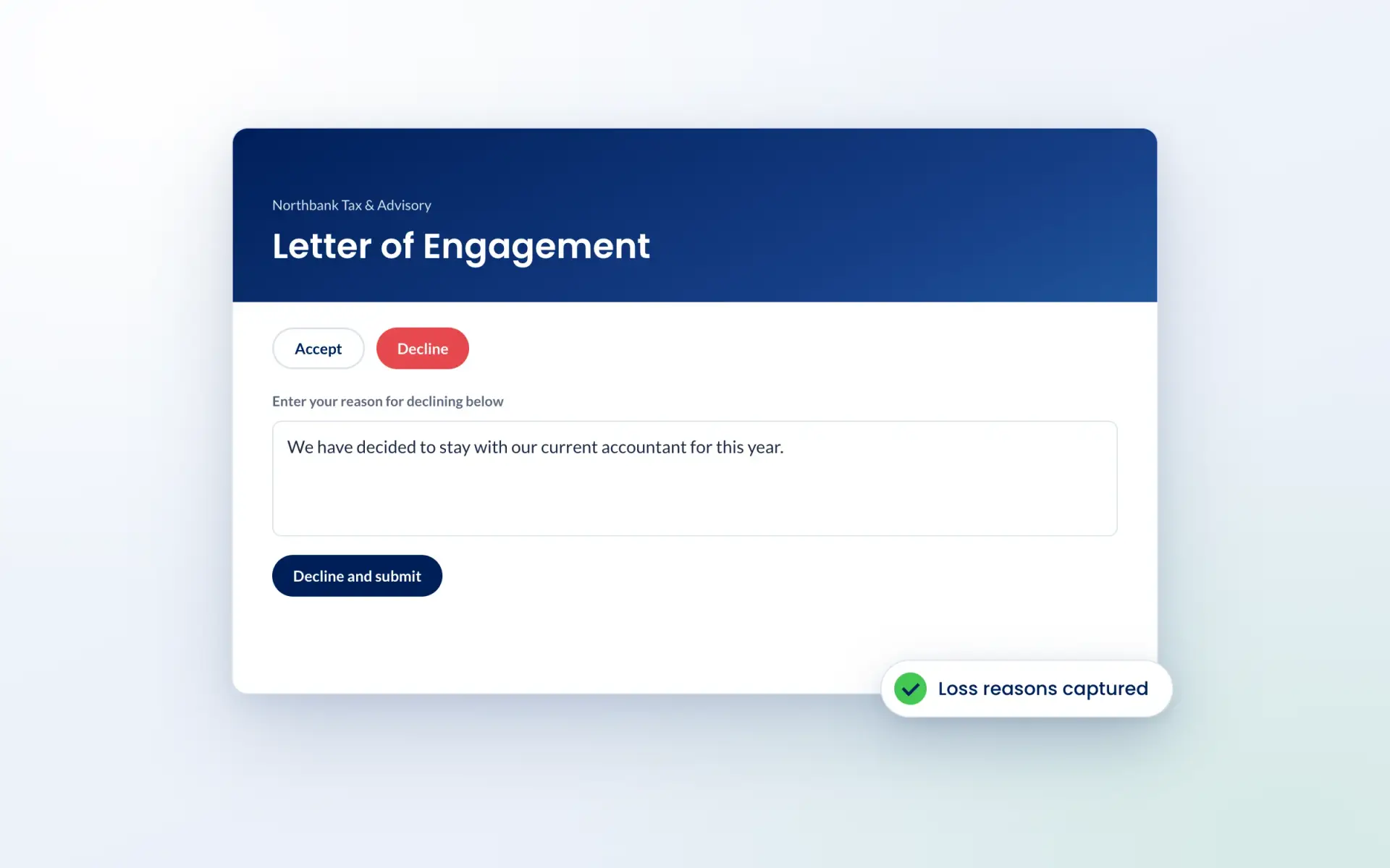 Prospect declining a letter of engagement and giving a reason