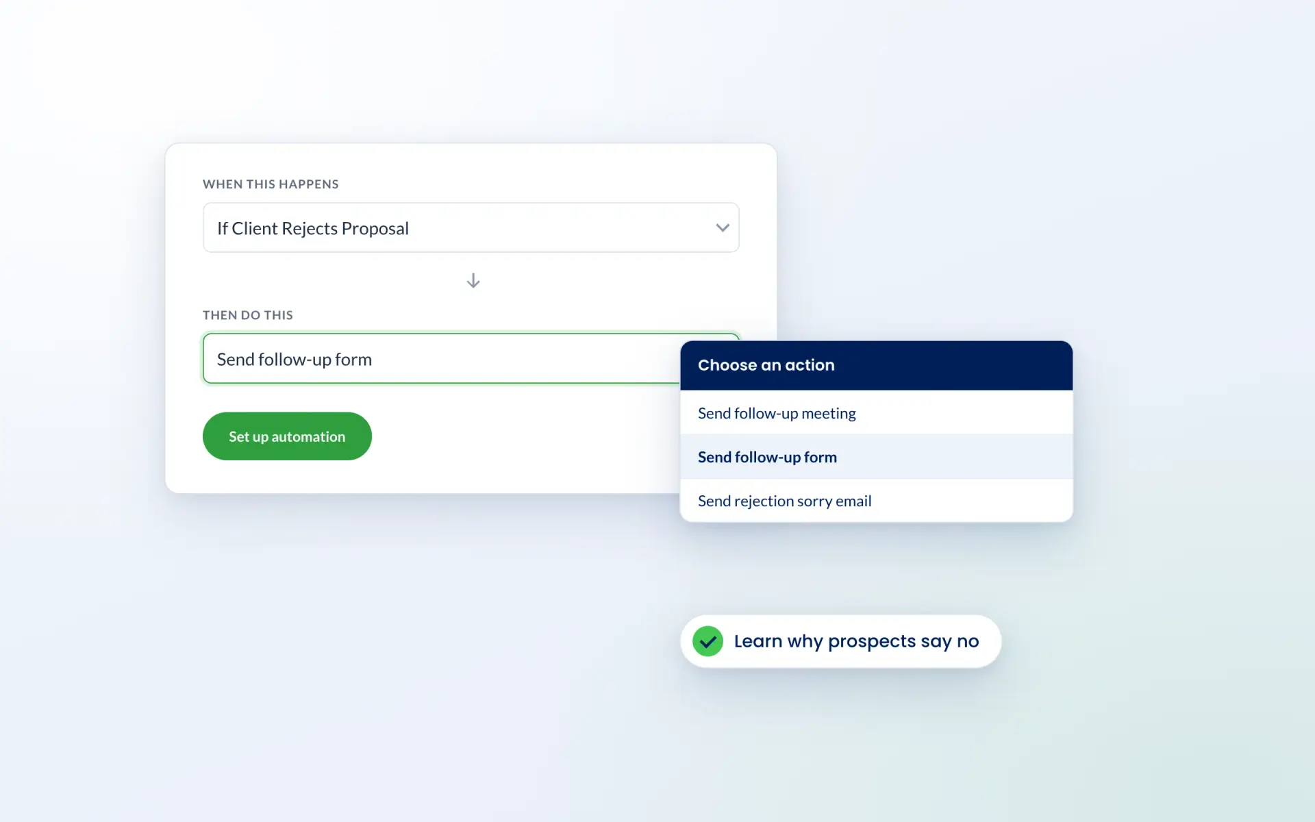 Engager automation that sends a follow-up form when a client rejects a proposal