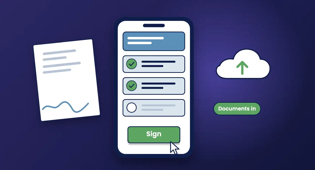 Illustration of a client portal on a phone with a sign button