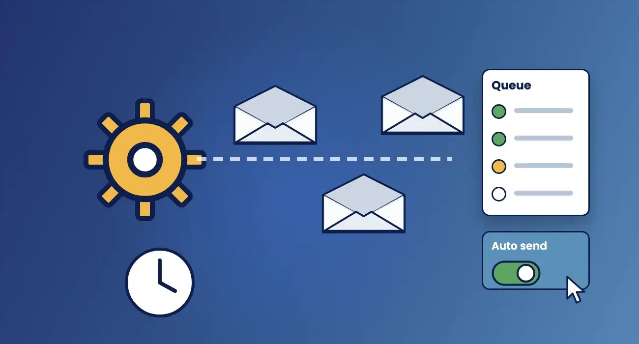 Illustration of automated emails leaving a queue